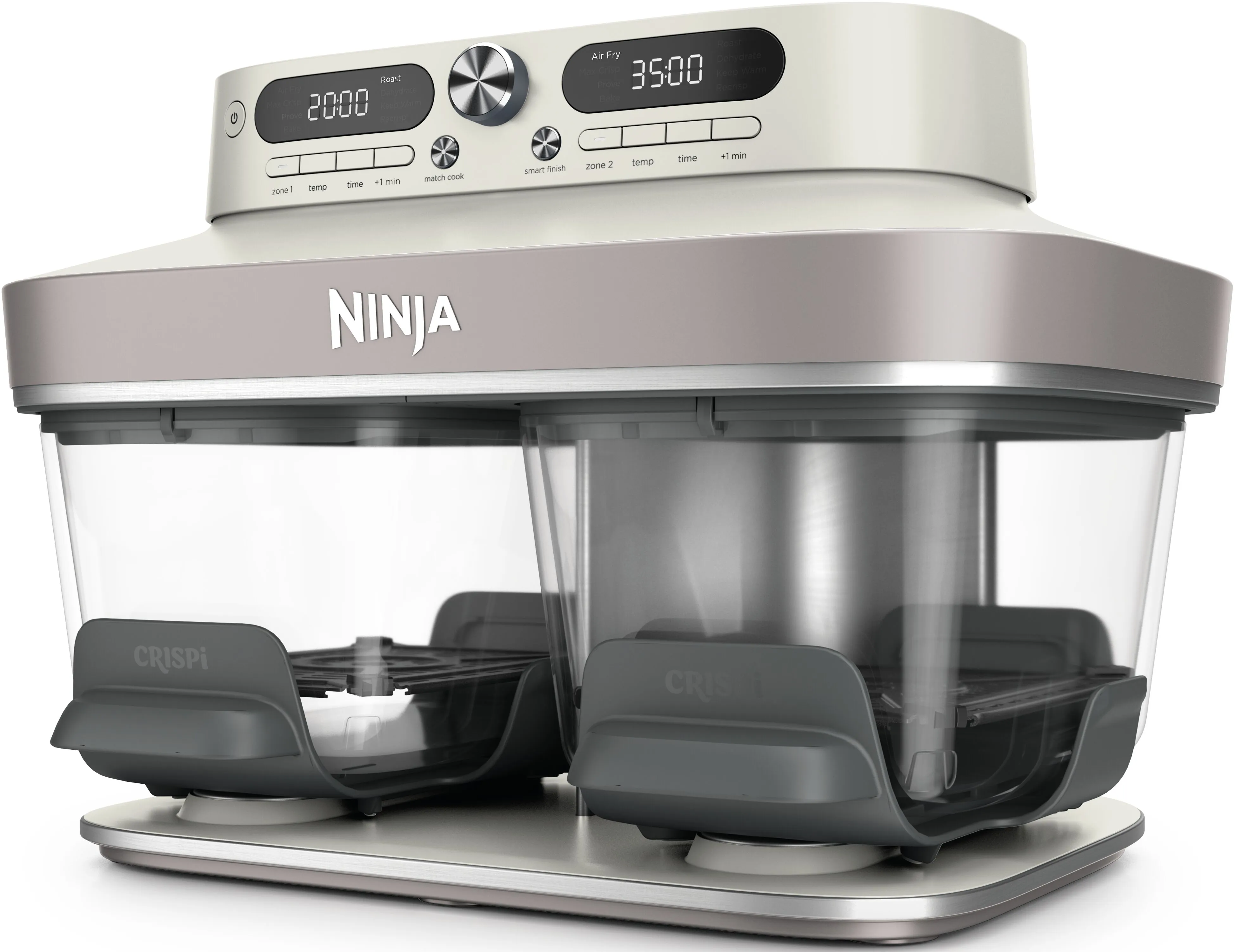 Ein cremefarbener Ninja-Heißluftfritteuse mit zwei transparenten Fächern und digitalem Bedienfeld auf weißem Hintergrund.