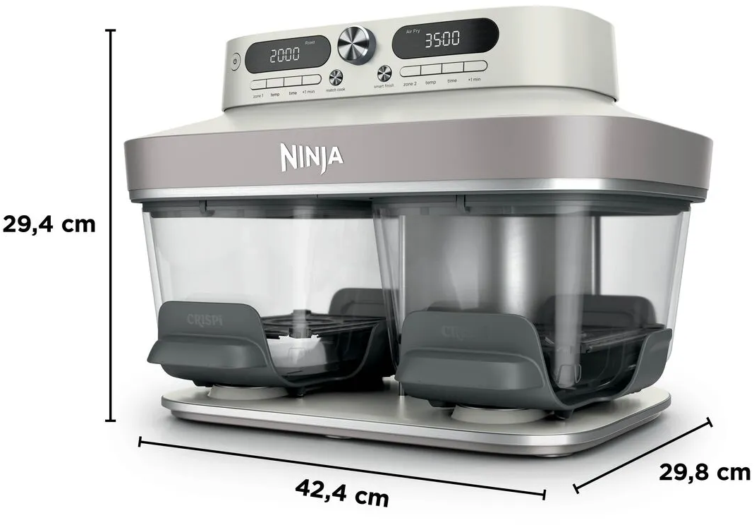 Ninja Doppel-Heißluftfritteuse mit Maßen 29,4 x 42,4 x 29,8 cm und digitalen Displays.