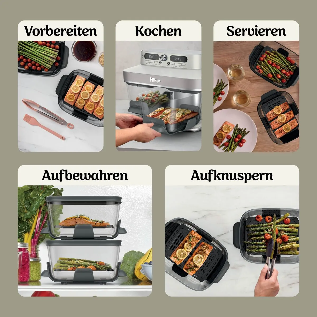 Fünf geteilte Bilder zeigen Schritte zum Vorbereiten, Kochen, Servieren, Aufbewahren und Aufknuspern mit einem Ninja-Gerät.