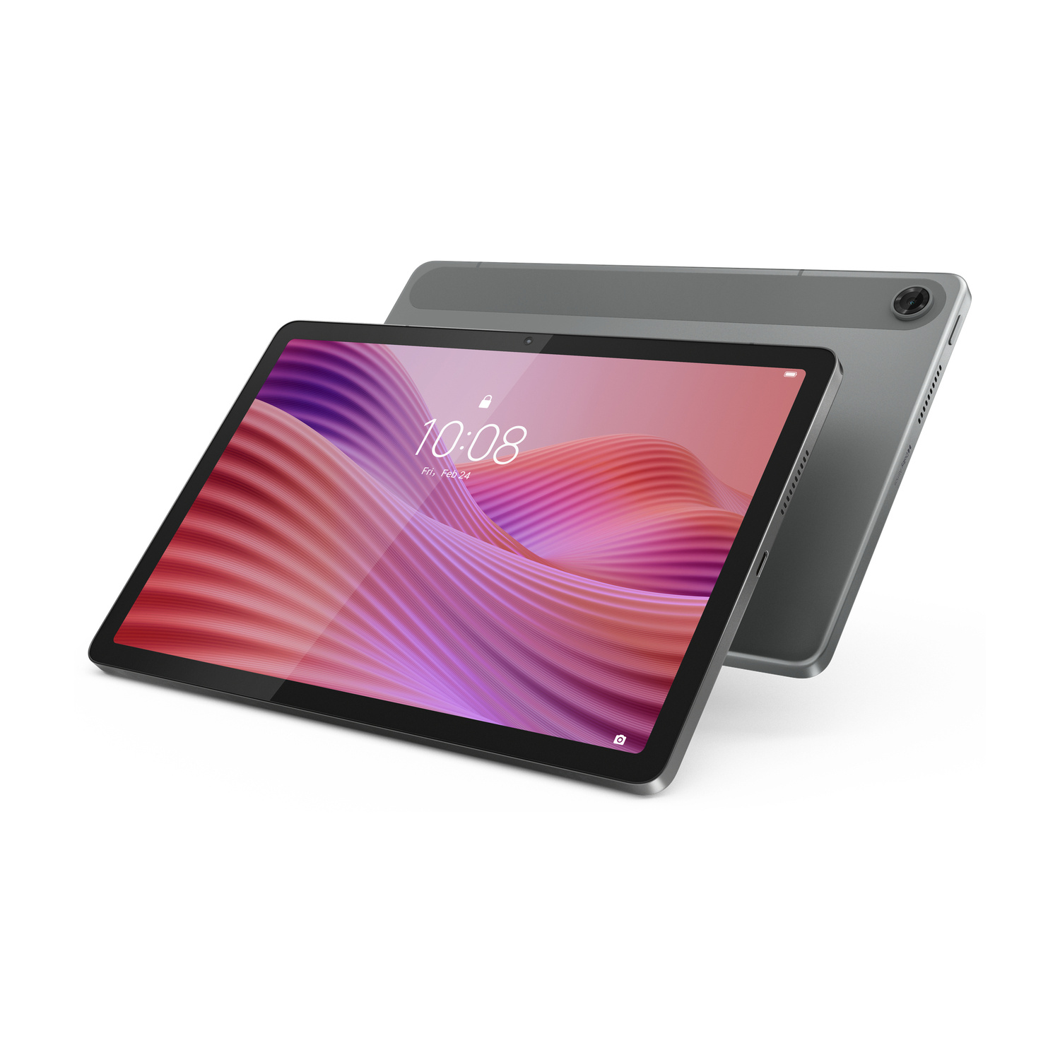 Due tablet grigi su sfondo bianco, uno mostra lo schermo con onde rosa e l'altro il retro con la fotocamera.