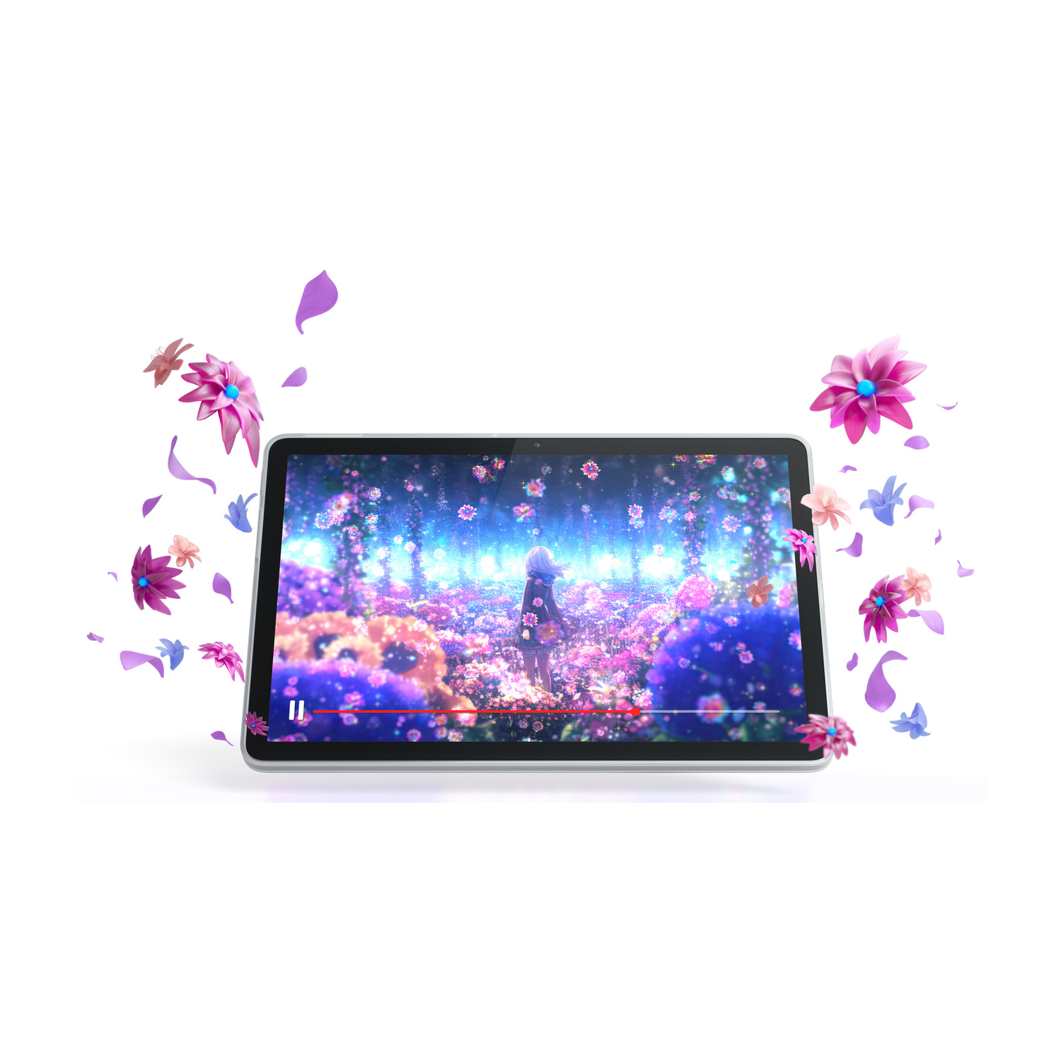 Un tablet mostra un video di un giardino fiorito colorato, circondato da petali fluttuanti su sfondo bianco.