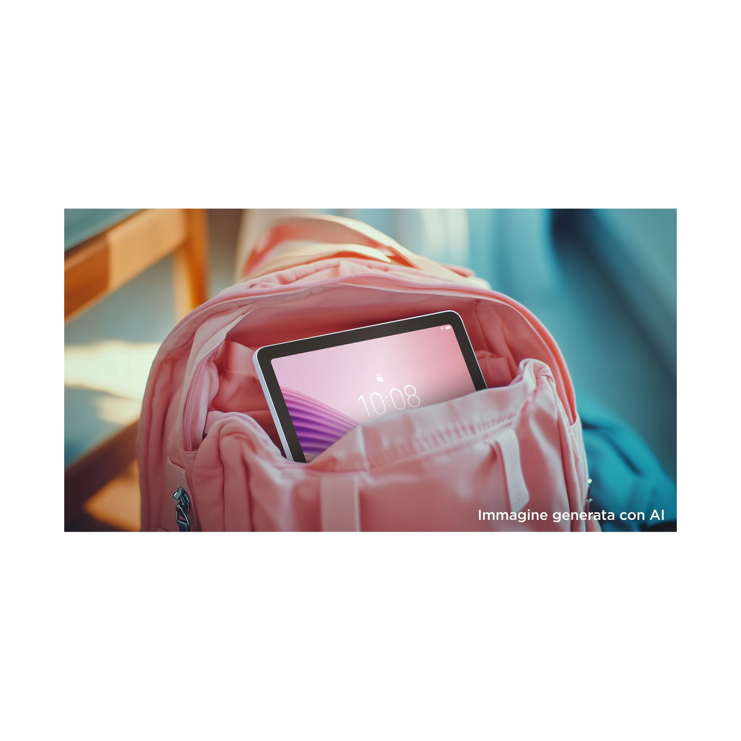 Un tablet che mostra le 10:08 è inserito nella tasca aperta di uno zaino rosa.