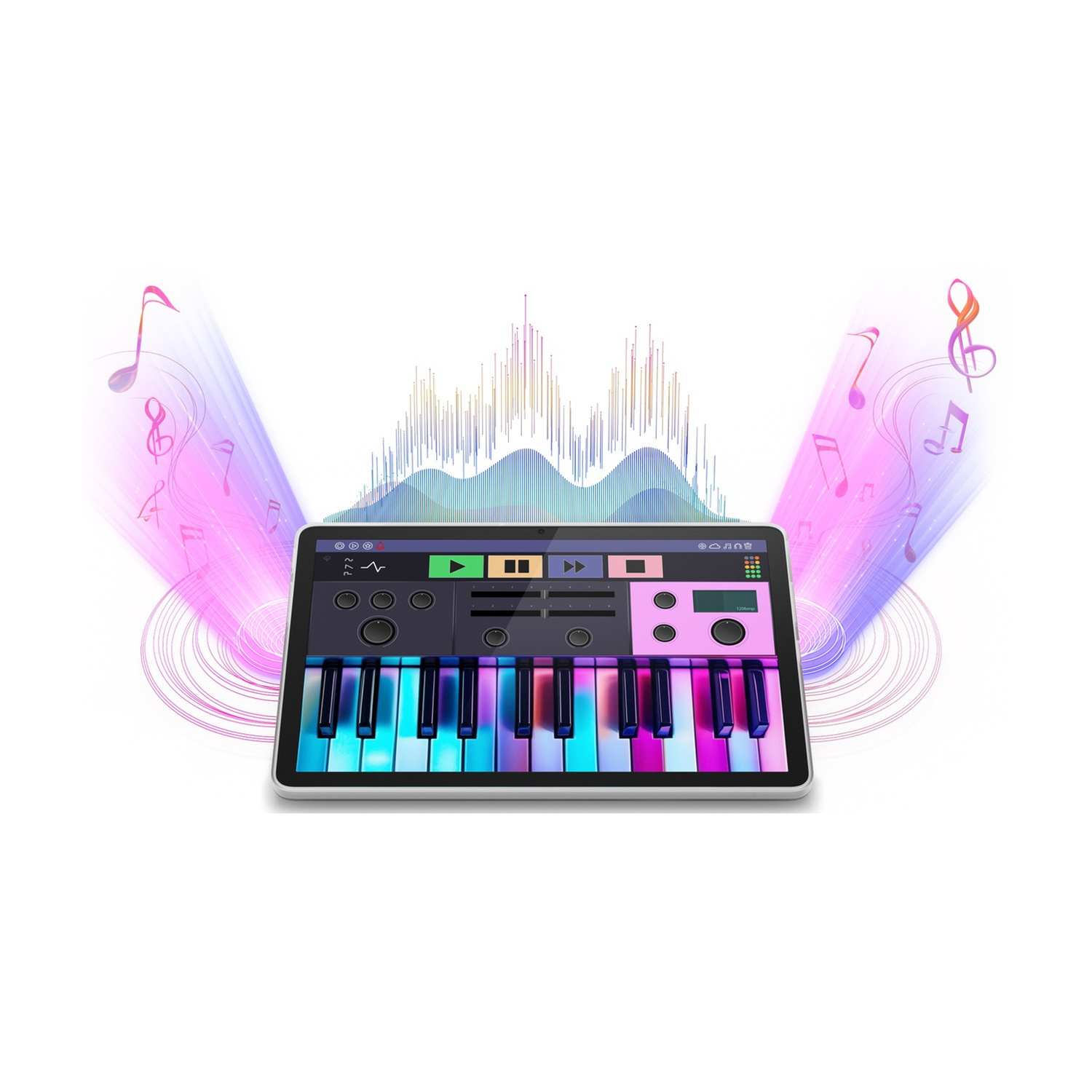 Un tablet mostra un'app musicale colorata con tastiera, onde sonore e note musicali.