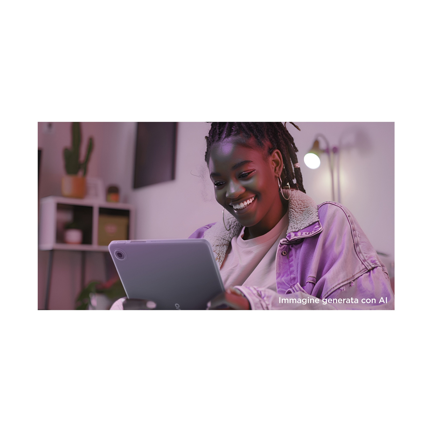 Una donna sorridente con treccine e giacca viola tiene un tablet in una stanza.