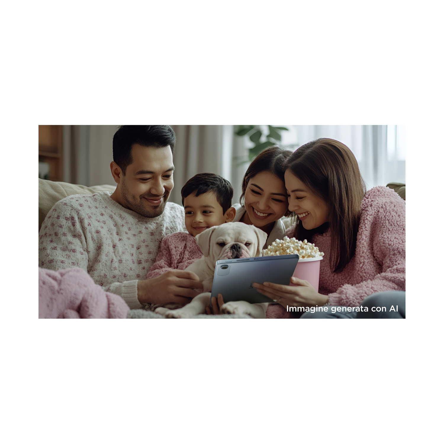 Una famiglia e un cane guardano insieme un tablet mangiando popcorn.