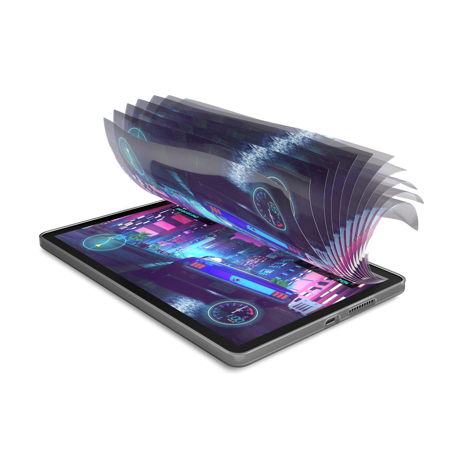 Un tablet con un gioco di corse automobilistiche e livelli trasparenti che fluttuano sopra.