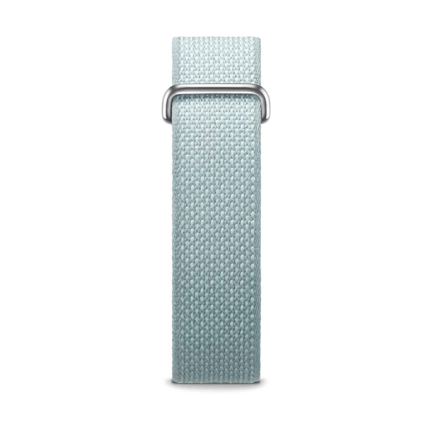 Cinturino per orologio in nylon azzurro con fibbia in metallo argentato su sfondo bianco.