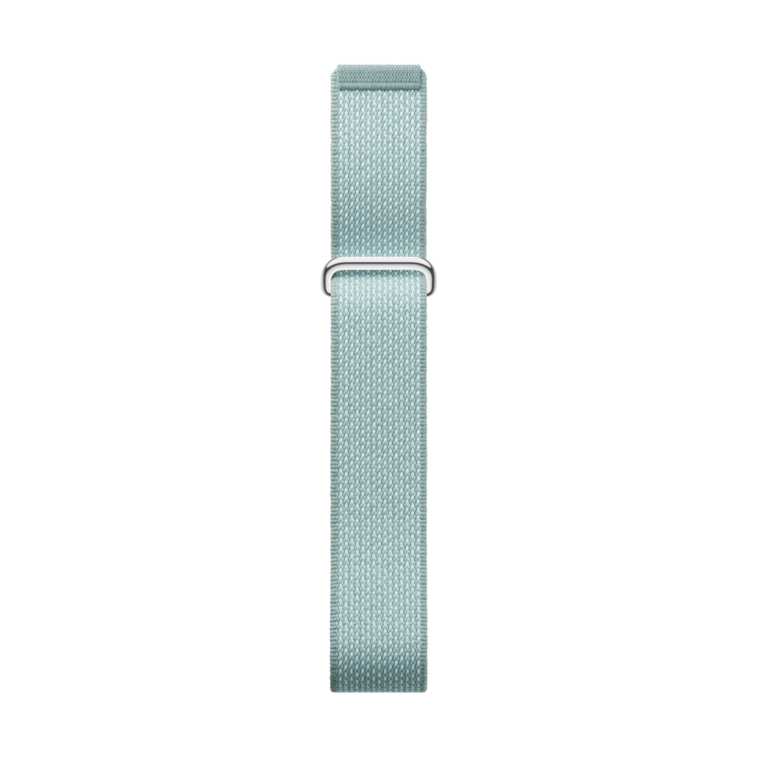 Un cinturino per smartwatch intrecciato azzurro pallido con fibbia in metallo argentato.