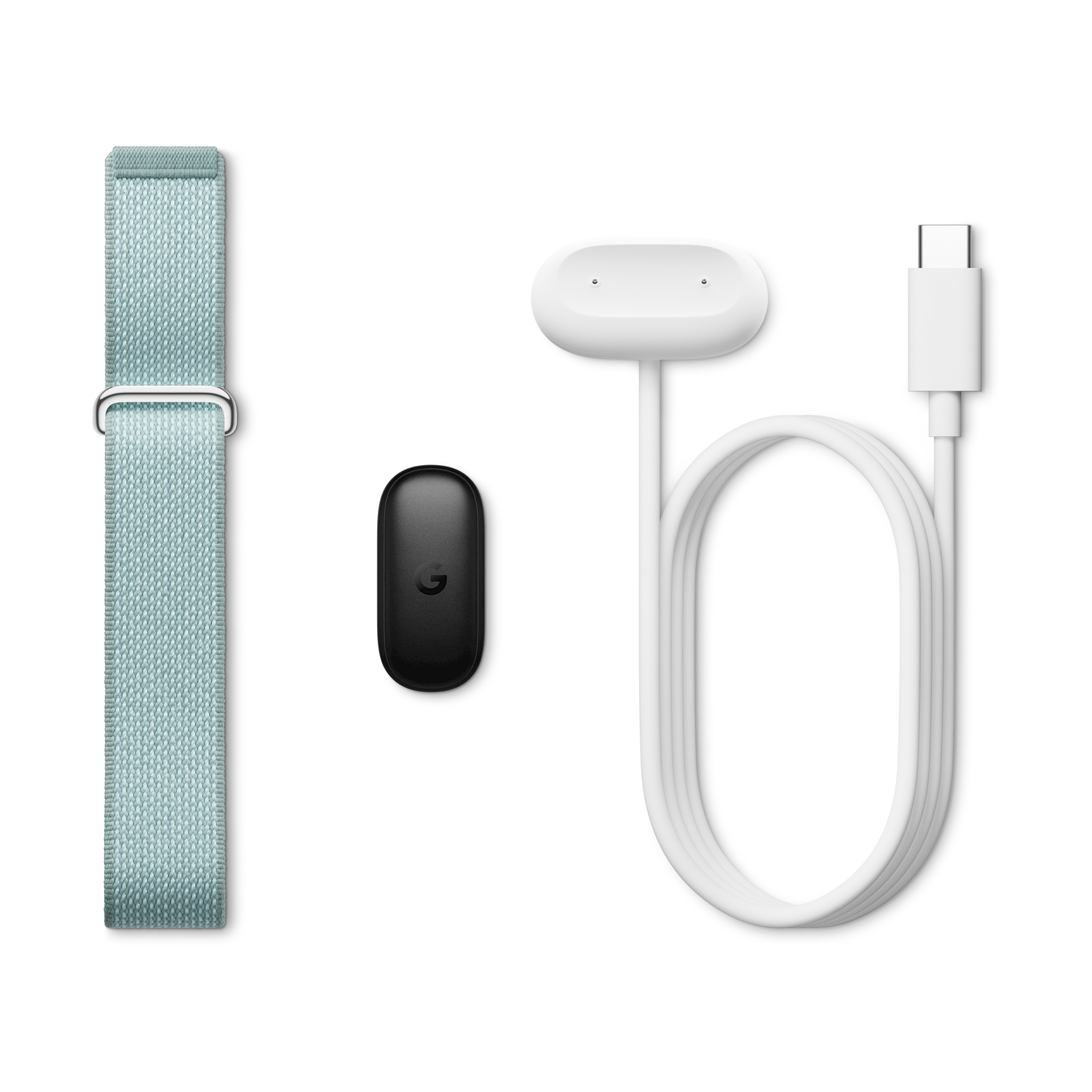 Un cinturino in tessuto turchese, un tracker nero con logo e un cavo di ricarica bianco con USB-C.