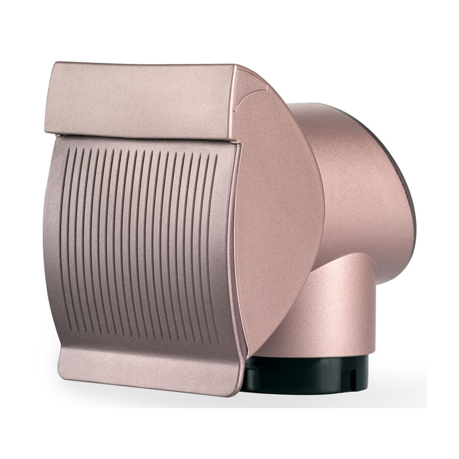 Una copertura per ventilazione a parete in oro rosa con lamelle verticali e base nera su sfondo bianco.