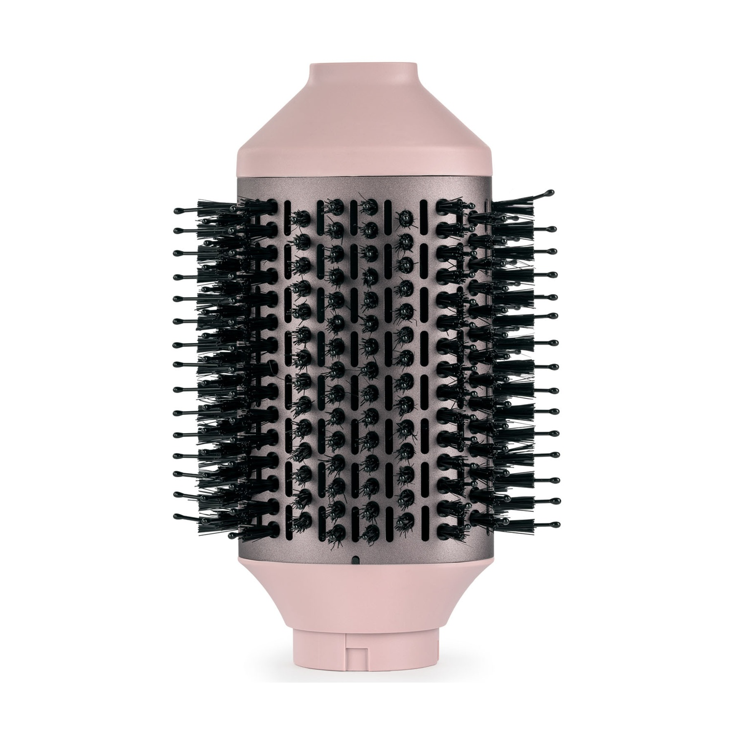 Una spazzola ad aria calda rosa pastello con cilindro grigio e setole nere su sfondo bianco.