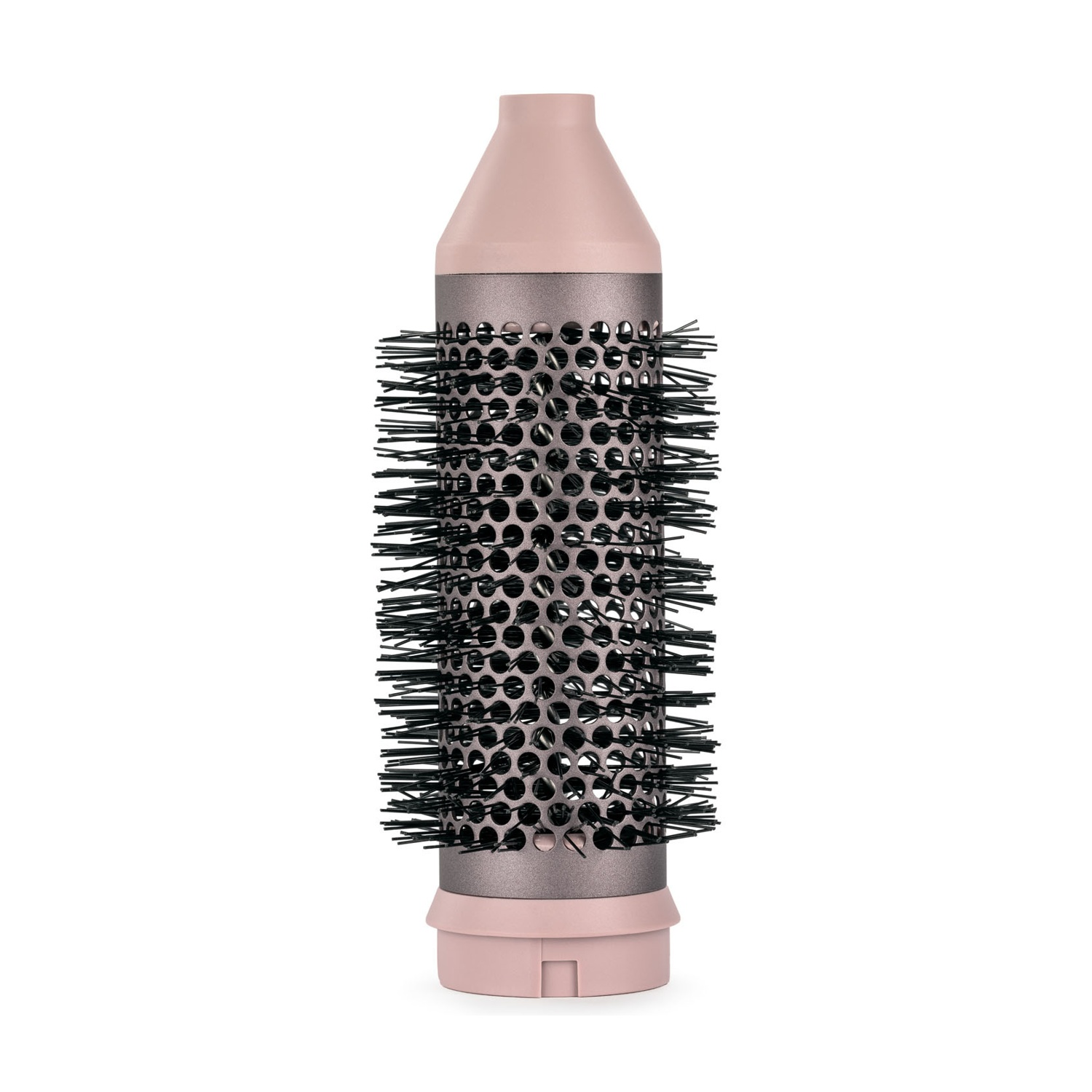 Accessorio spazzola per asciugacapelli rosa e grigio con setole nere fini su sfondo bianco.
