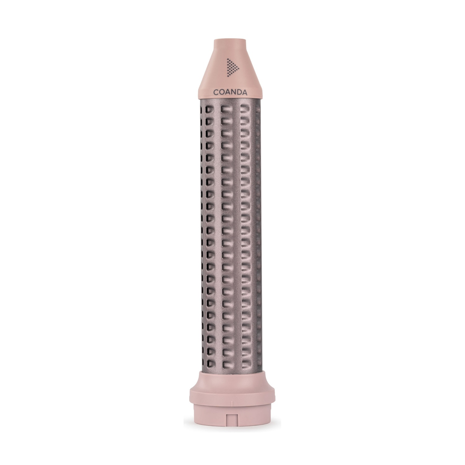 Accessorio per acconciatura Coanda cilindrico rosa e grigio con fessure verticali.