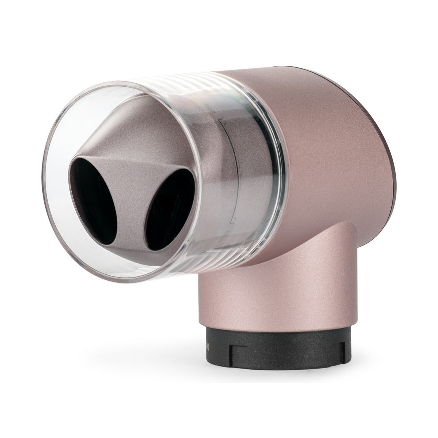 Un beccuccio per asciugacapelli in oro rosa con copertura trasparente e due uscite d'aria tonde.