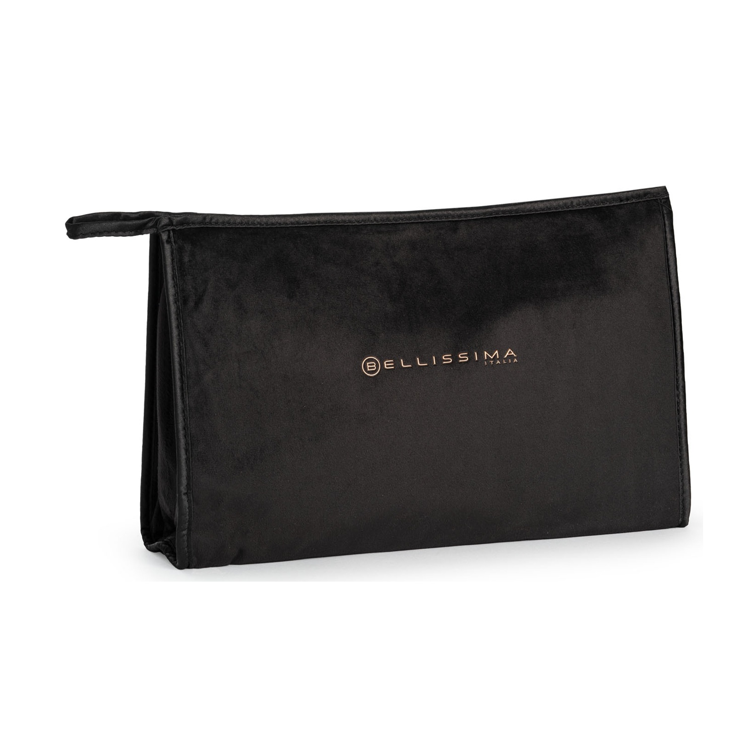 Una borsa cosmetica in velluto nero con marchio dorato Bellissima Italia, tirante della zip e sfondo bianco.