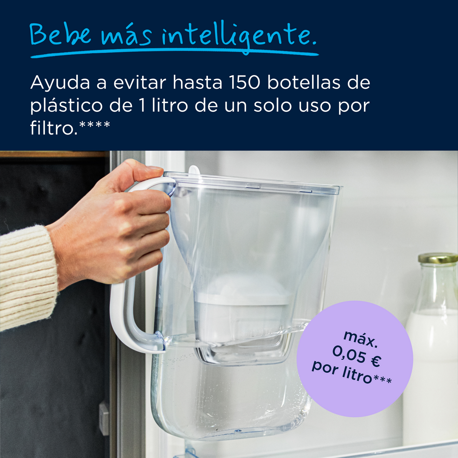 Una mano sostiene una jarra filtrante transparente frente a una nevera con texto.