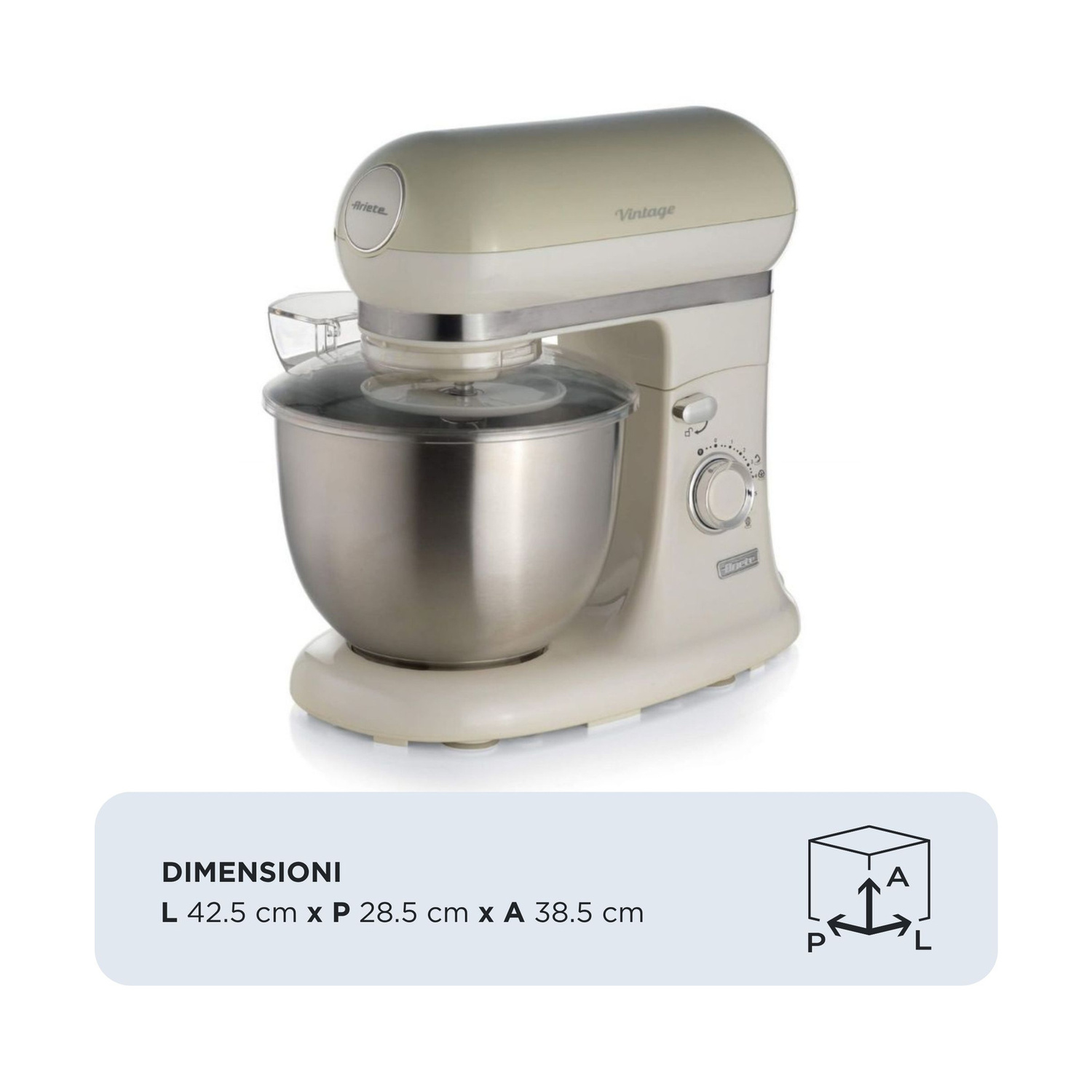 Impastatrice Ariete Vintage beige con ciotola in acciaio inox e dimensioni 42,5 x 28,5 x 38,5 cm.