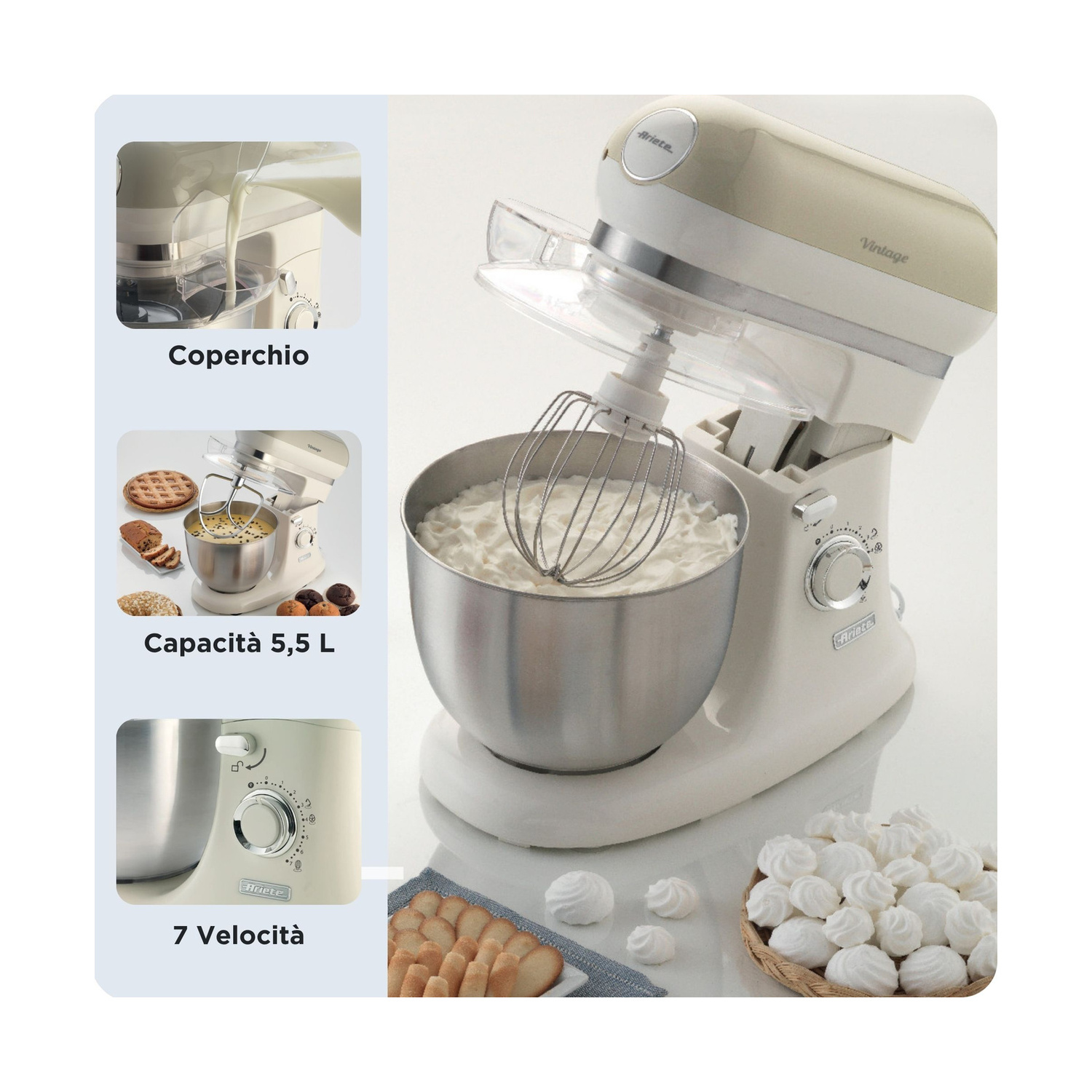Impastatrice planetaria beige con ciotola, immagini di dettaglio per coperchio, capienza e velocità, con meringhe e biscotti.