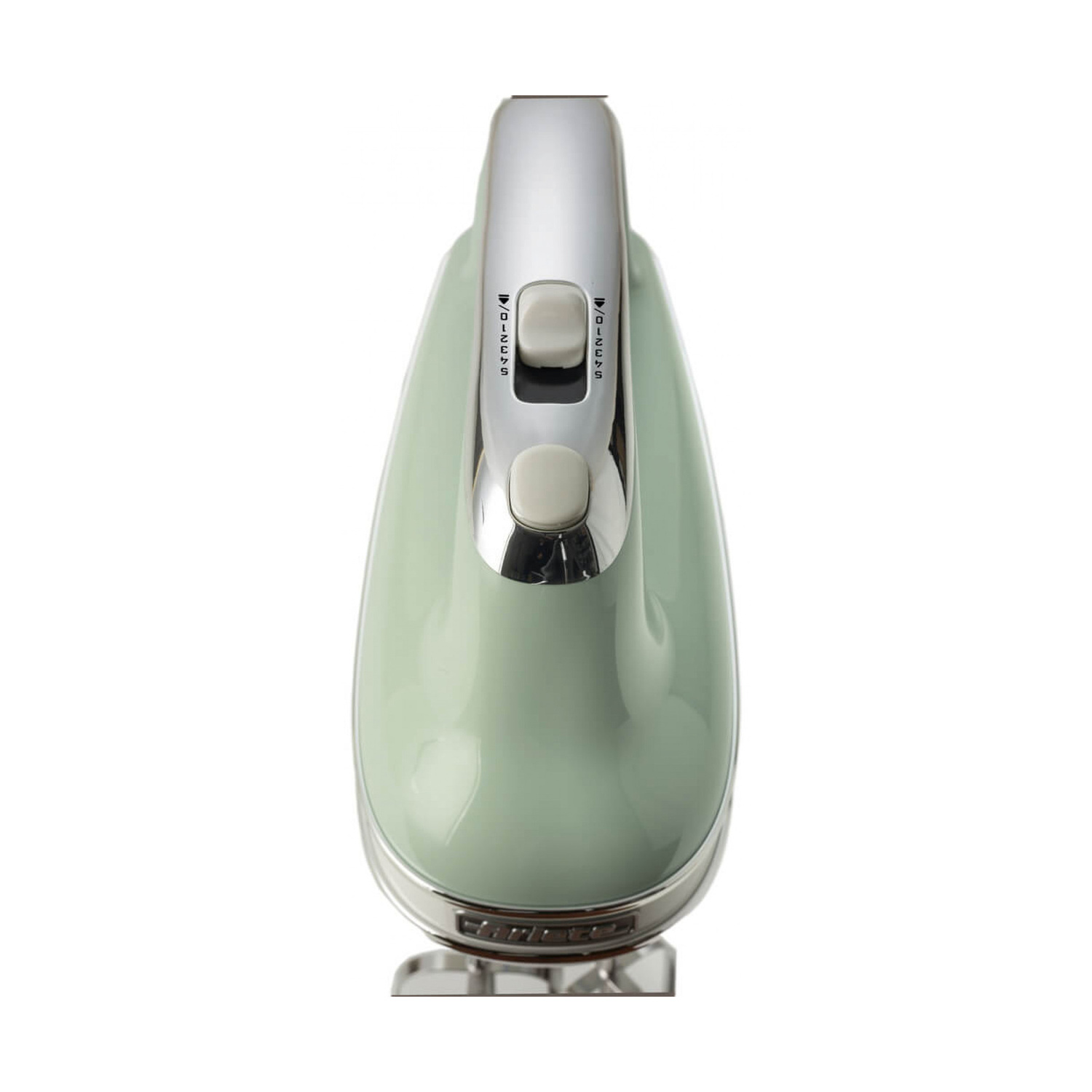 Un mixer a mano verde menta con dettagli cromati e pulsanti sulla parte superiore, su sfondo bianco.