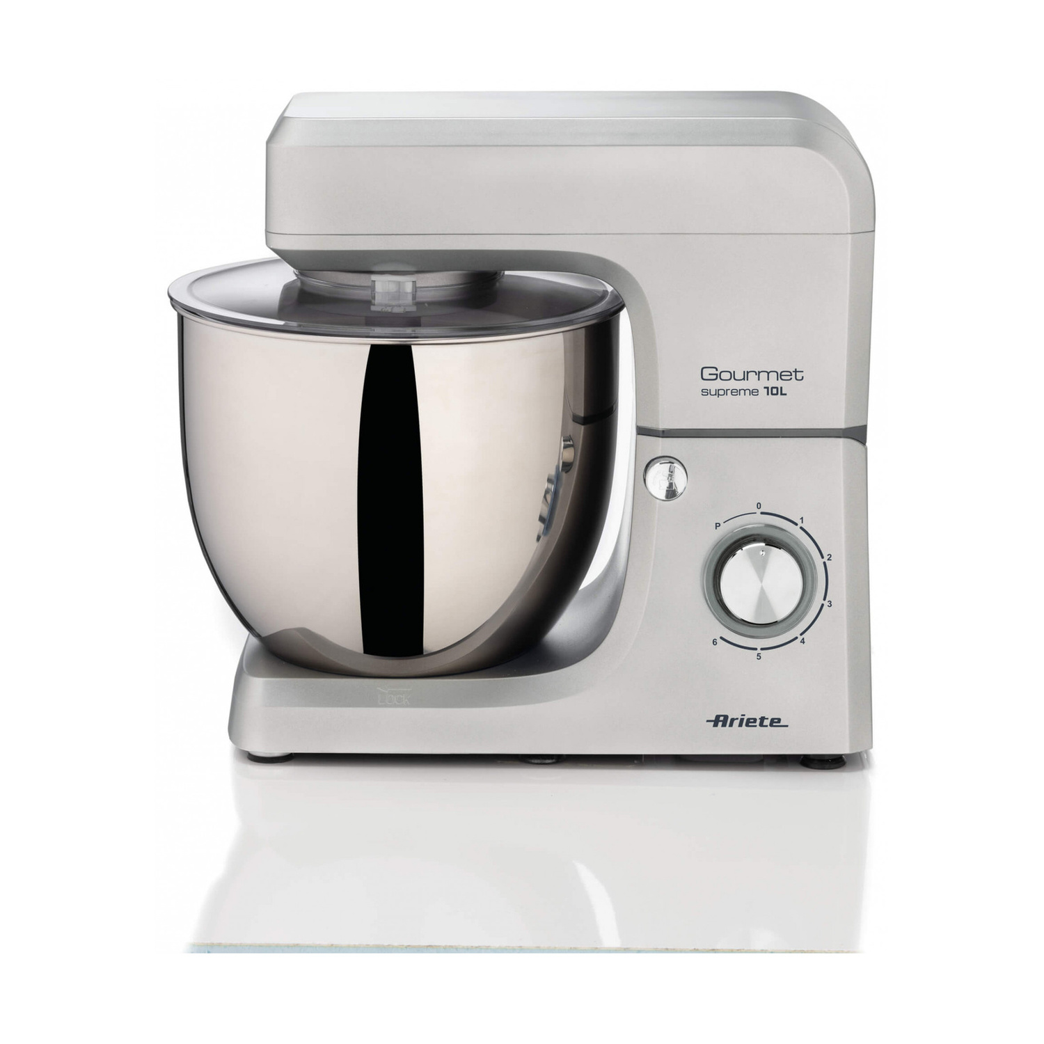 Impastatrice planetaria grigia Gourmet Supreme 10L con ciotola in acciaio inox e manopola.