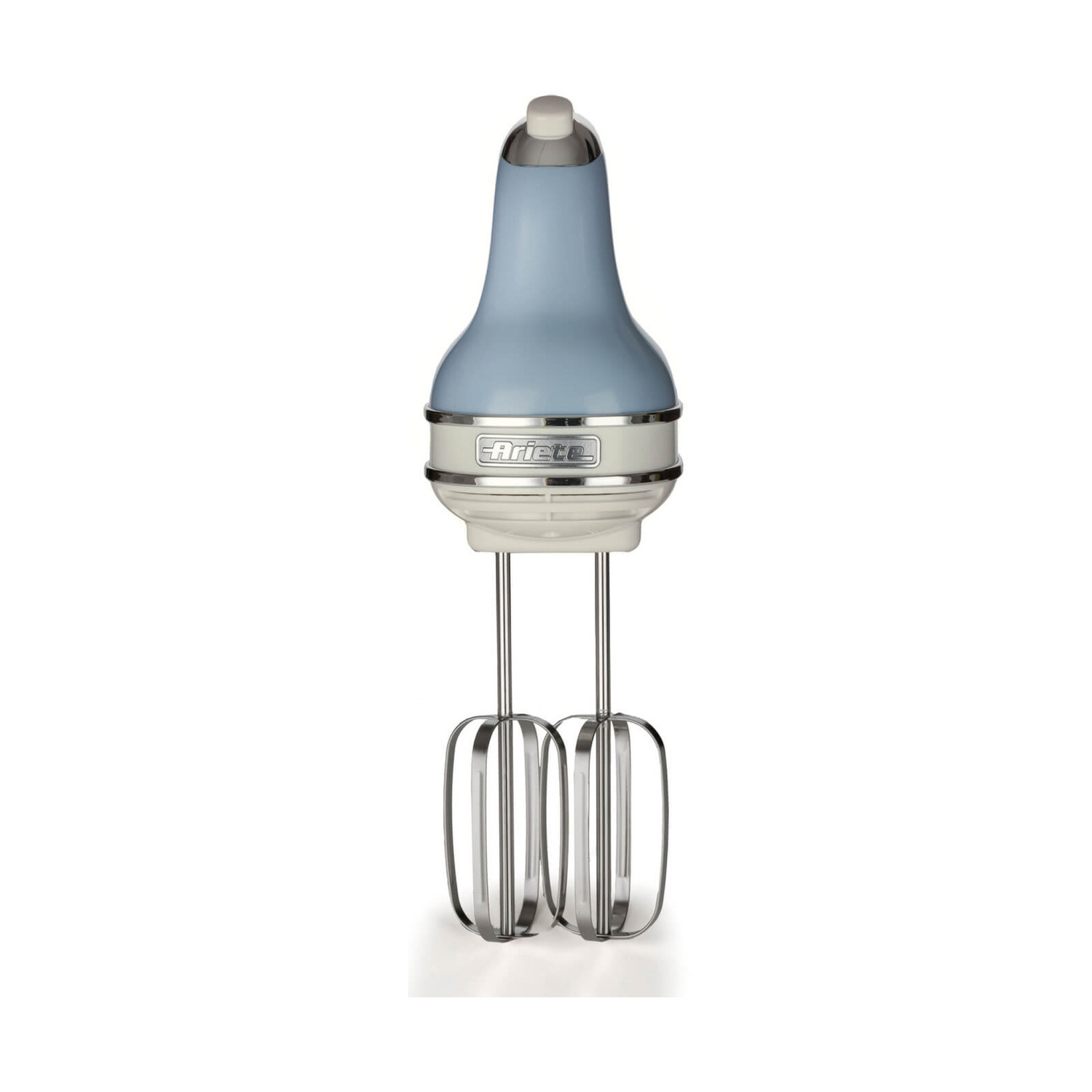 Sbattitore elettrico Ariete azzurro e bianco in stile vintage con due fruste su fondo bianco.