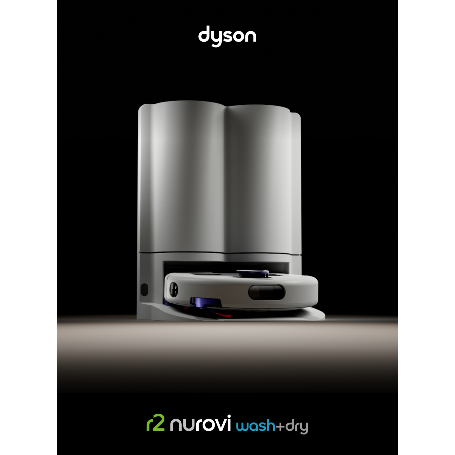 Robot aspirapolvere Dyson nella base di ricarica su sfondo nero.