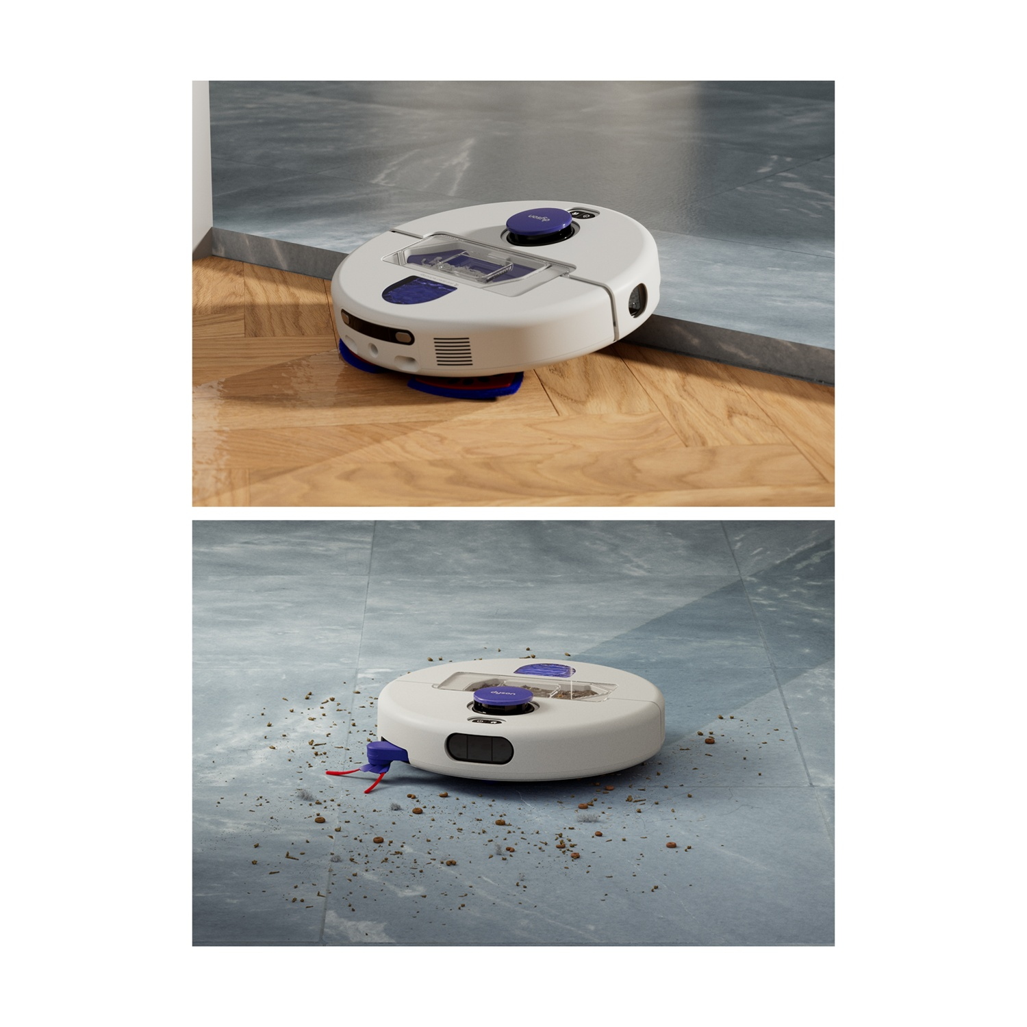 Un robot aspirapolvere bianco e viola pulisce pavimenti in legno e piastrelle.