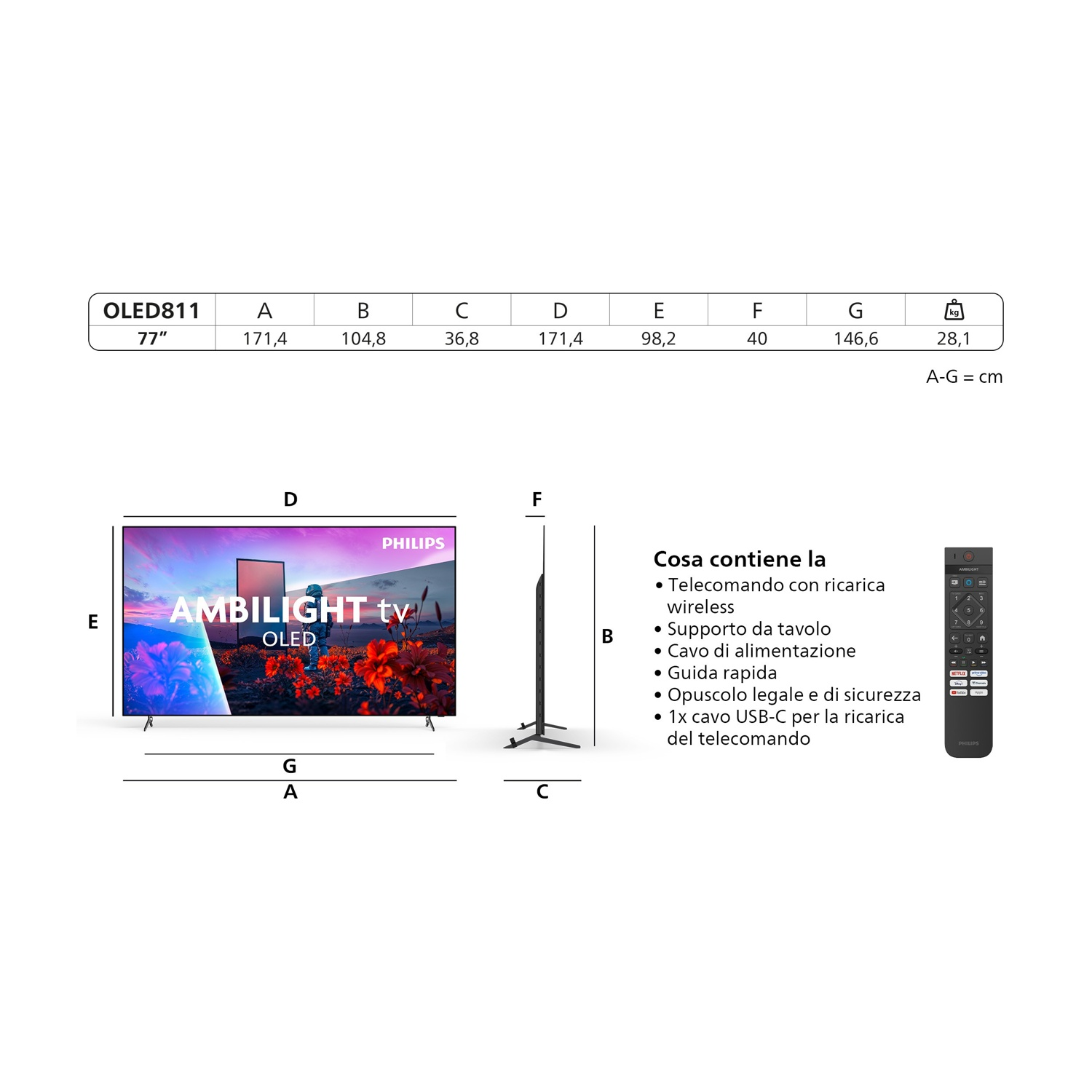 Disegno tecnico e dimensioni di un TV Philips OLED811 da 77 pollici con accessori inclusi e telecomando.