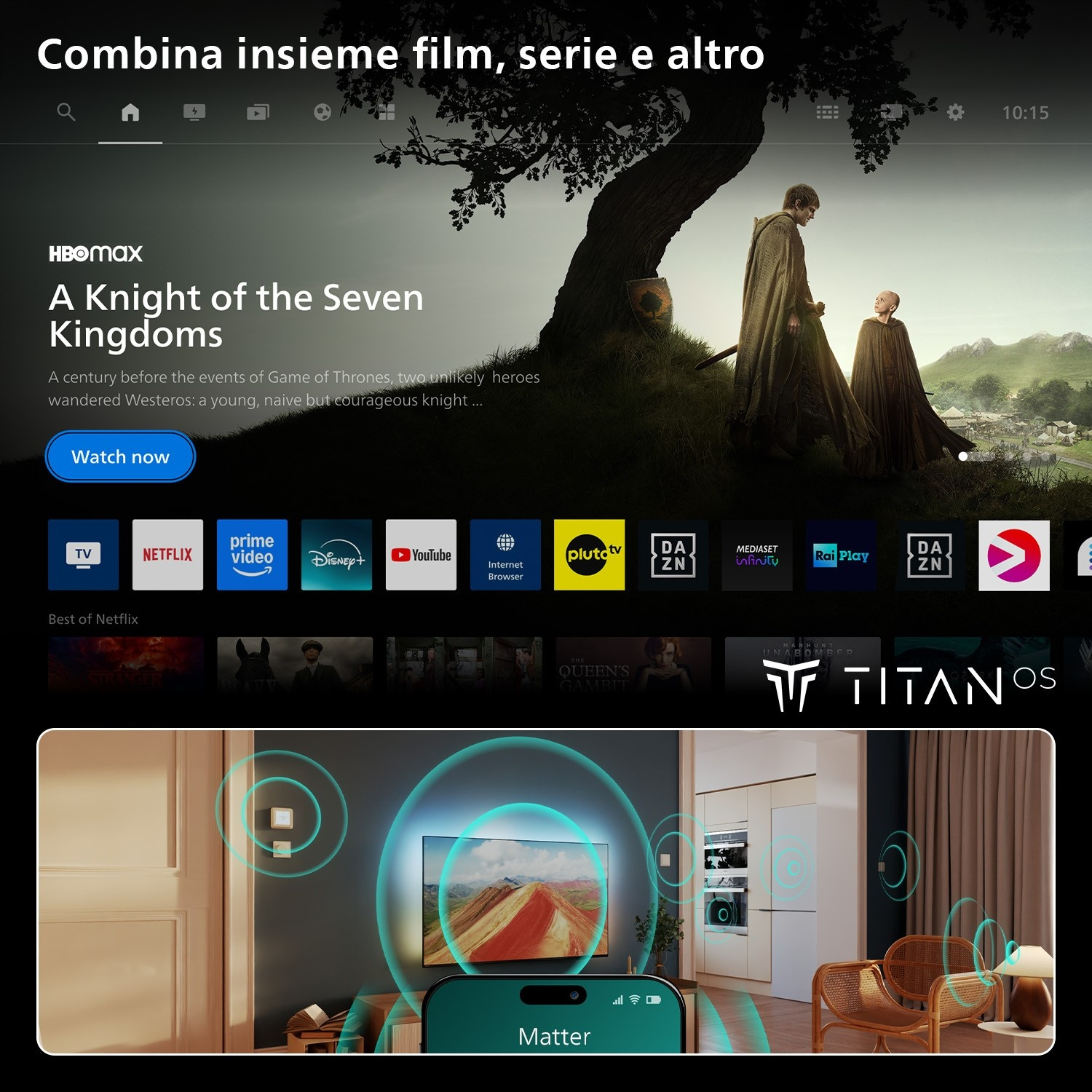 Interfaccia Smart TV con anteprima HBO Max e icone app, e in basso controllo dispositivi Matter in un soggiorno.