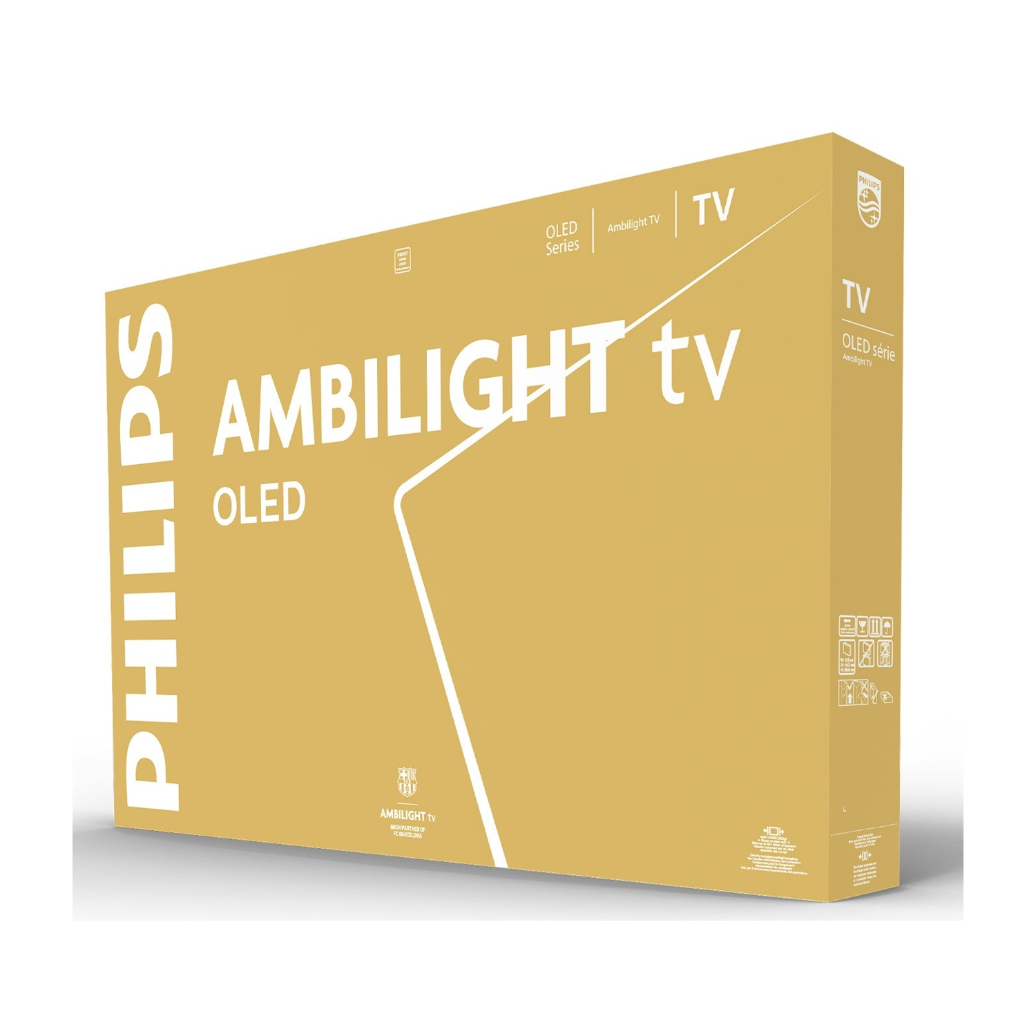Scatola di prodotti TV OLED Philips Ambilight gialla con testo e loghi bianchi su sfondo bianco.