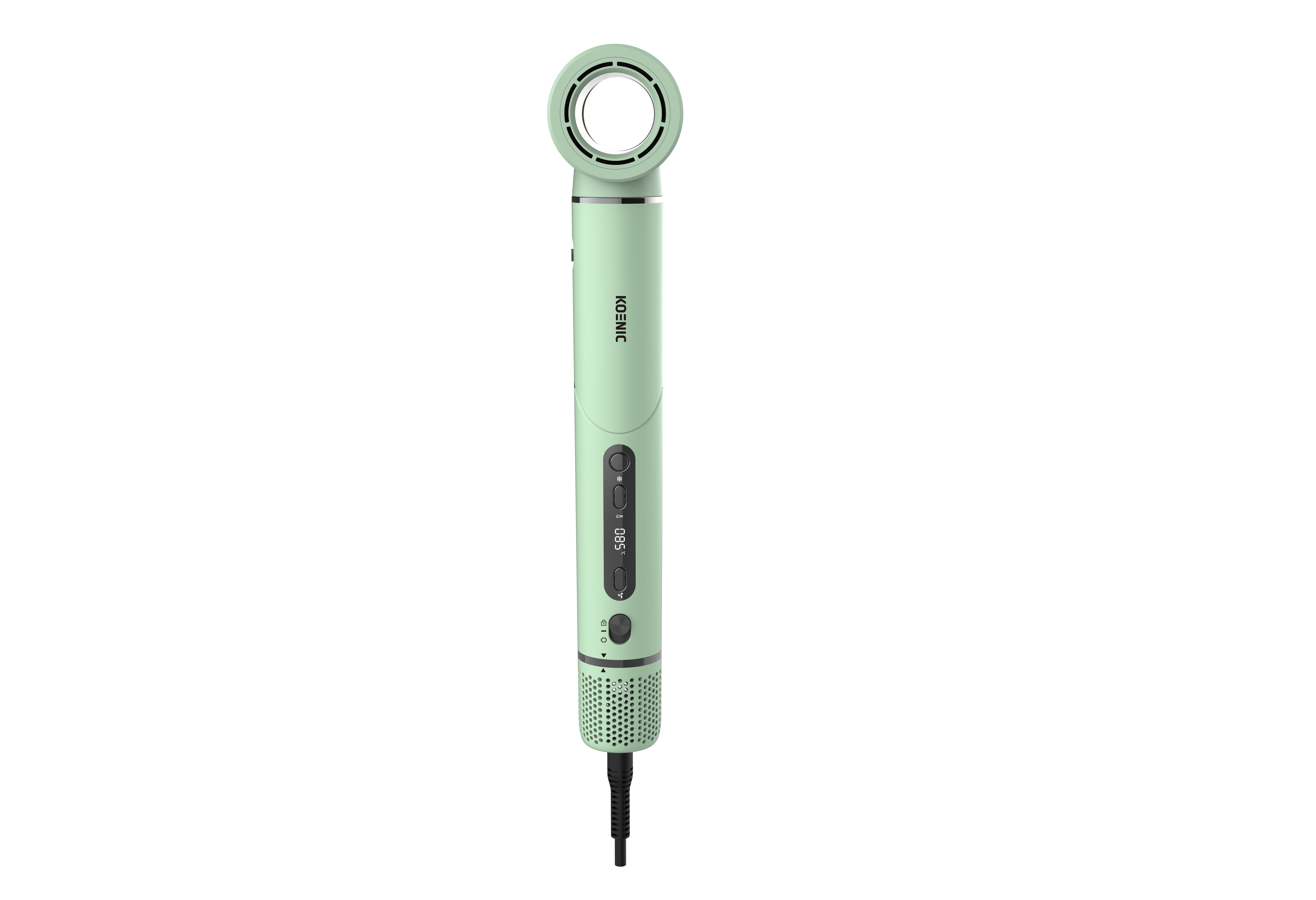 Mintgrüner Haartrockner mit digitaler Anzeige, Knöpfen und schwarzem Kabel vor schwarzem Hintergrund.