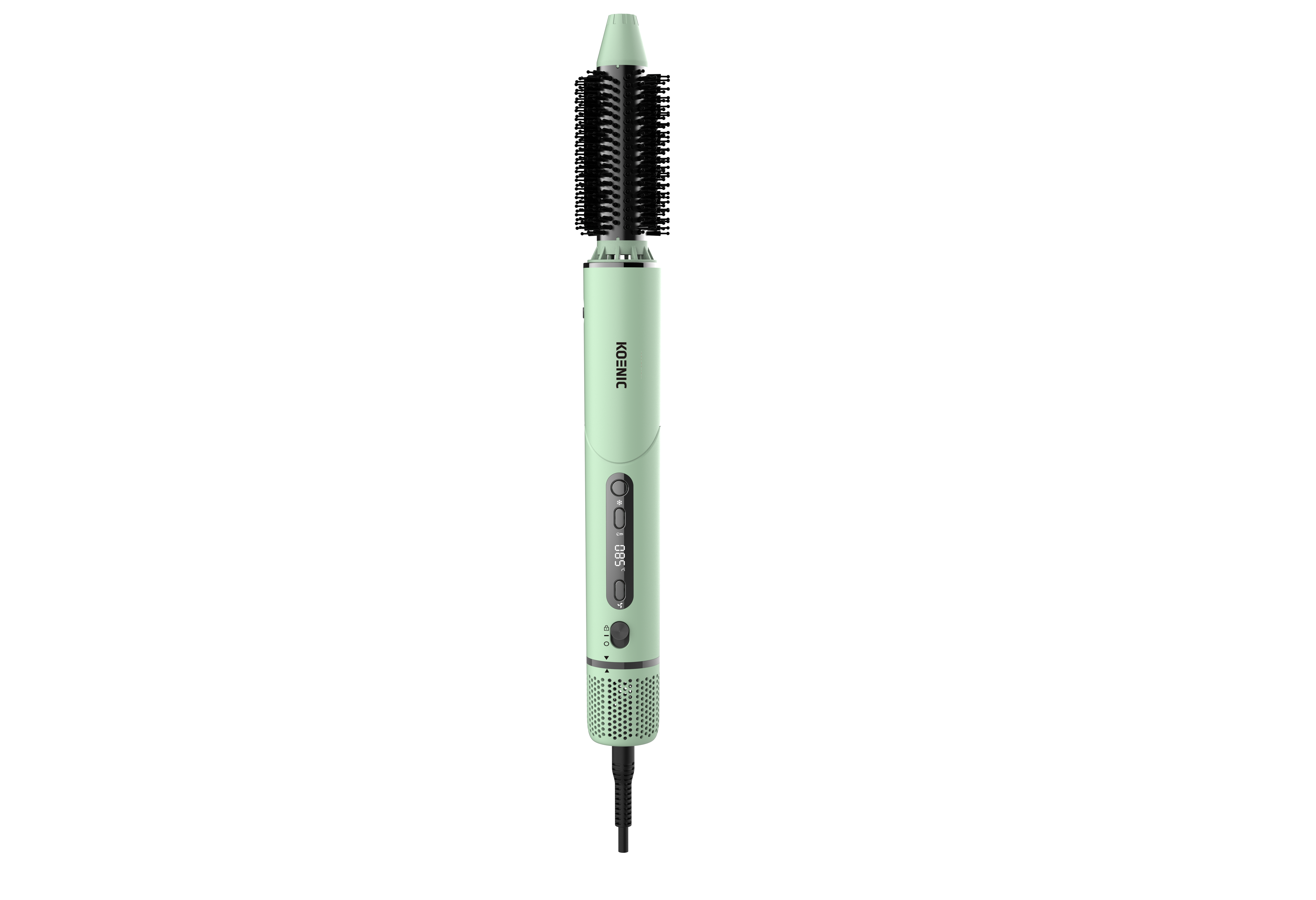 Minzgrüner Koenic Warmluftstyler mit digitaler Anzeige und rotierender Bürste vor schwarzem Hintergrund.