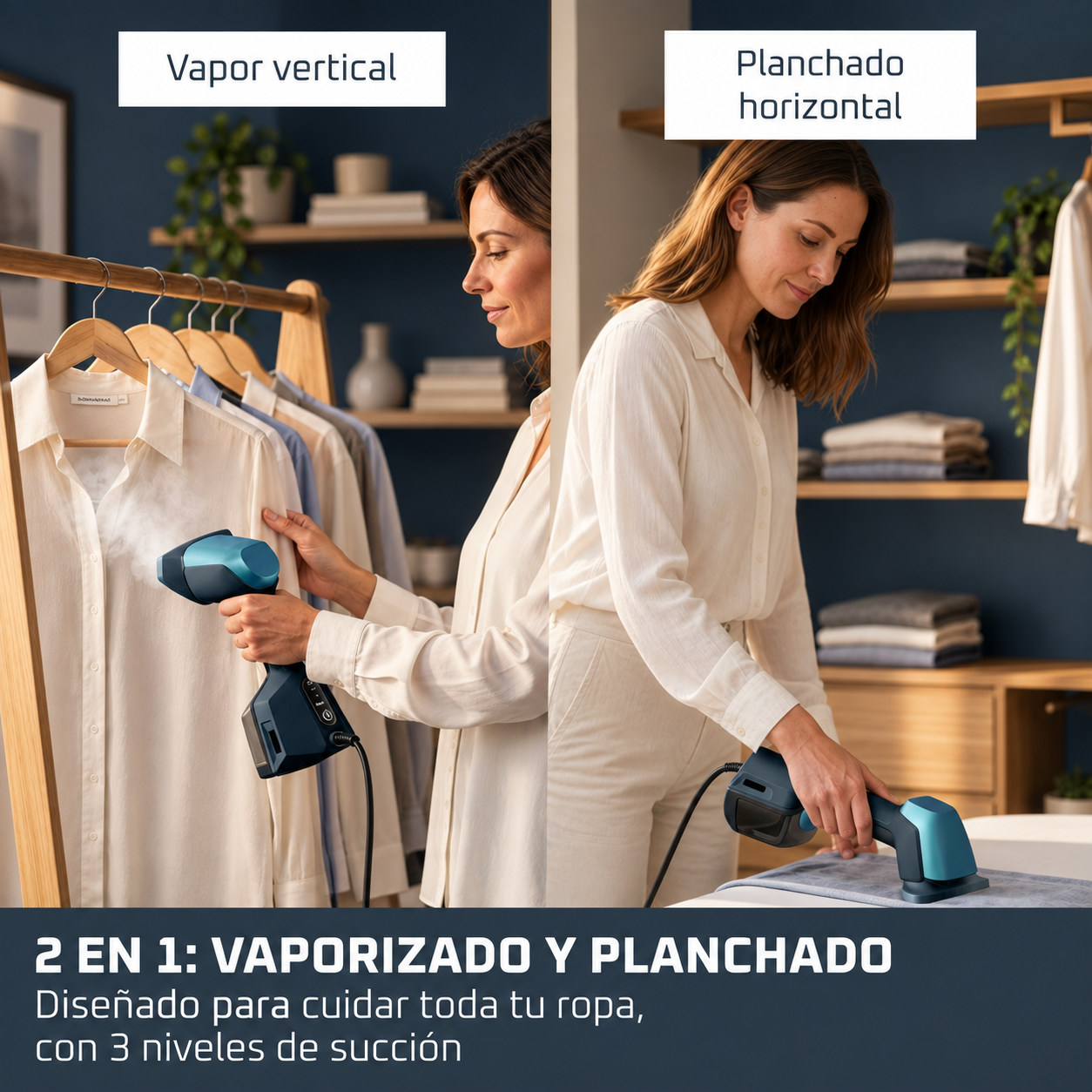 Una mujer usa un dispositivo de mano para vaporizar verticalmente y planchar horizontalmente ropa en una habitación.