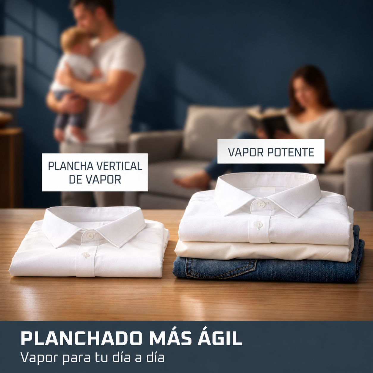 Camisas blancas dobladas y vaqueros azules sobre una mesa de madera, con una familia difuminada.