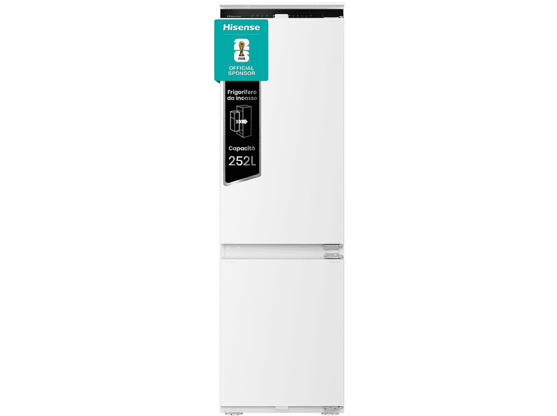FRIGORIFERO DA INCASSO HISENSE RB3B250SEWE1, Capacità netta totale 252 l, Rumorosità: 35 dB(A), 2 ripiani, Dimensioni: L 54 cm A 177,2 P 54,5 cm, Bianco, Classe E
