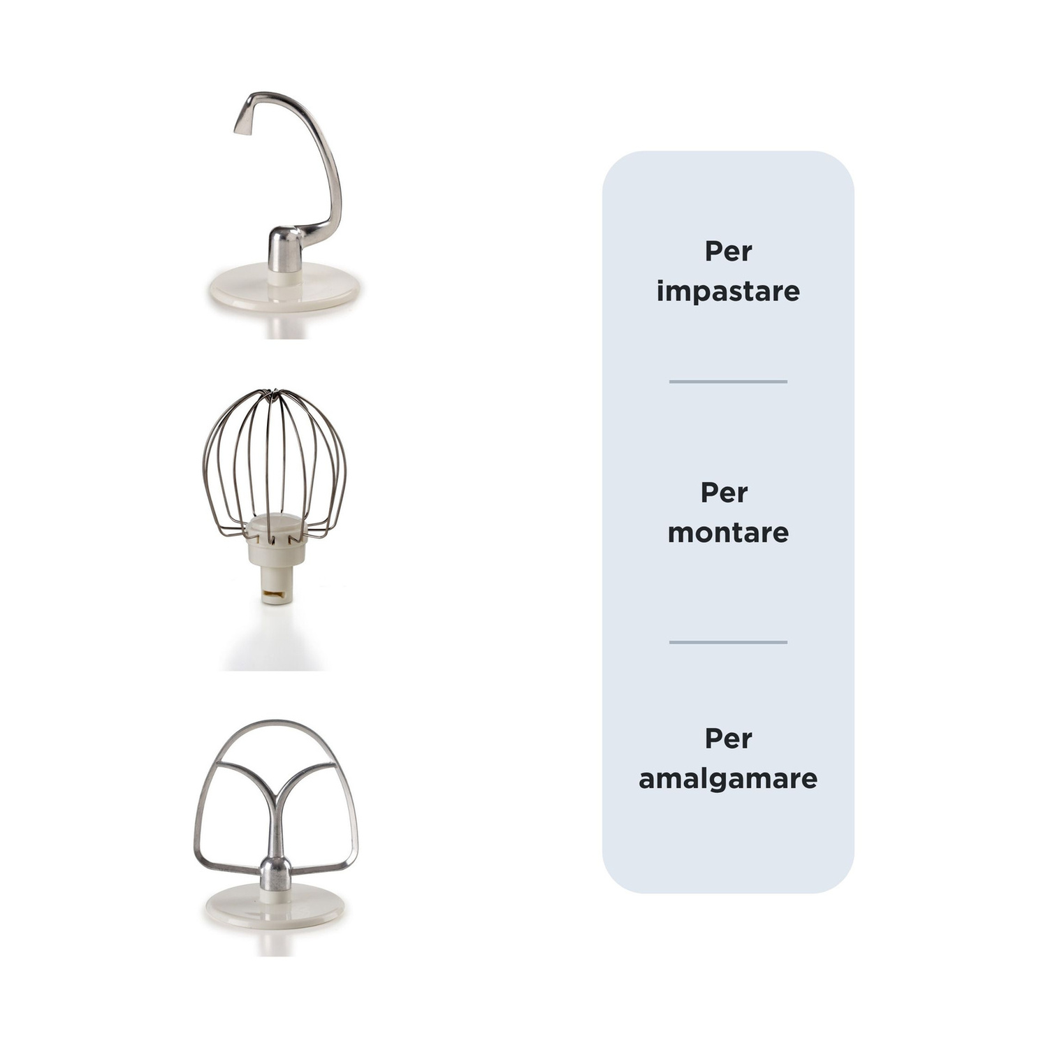 Tre accessori per robot da cucina: gancio impastatore, frusta e foglia, con testo in italiano.