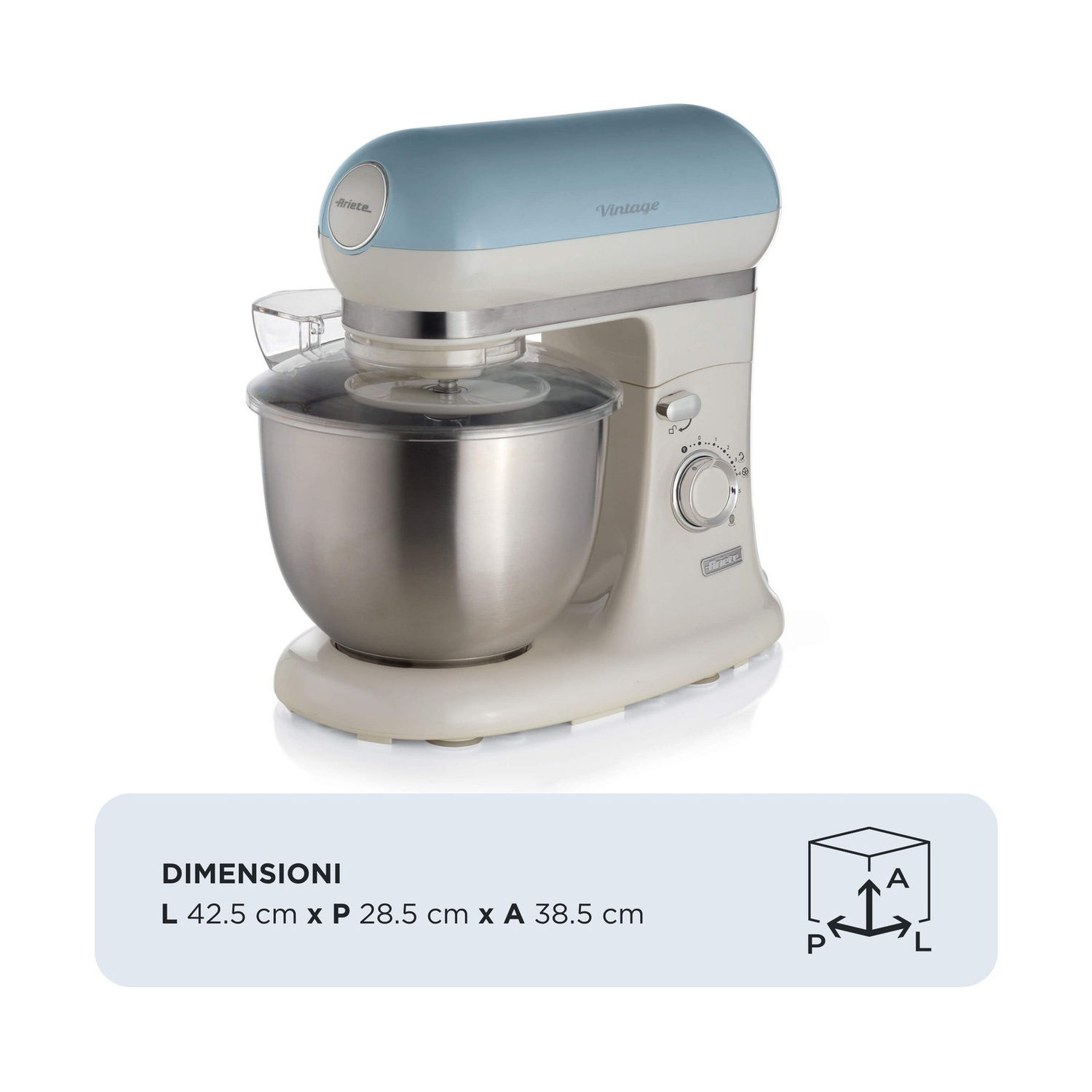 Una planetaria vintage azzurra e crema con ciotola in acciaio inox su superficie bianca.
