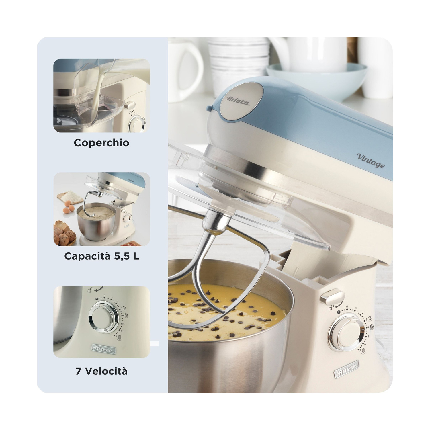 Impastatrice Ariete azzurra e crema con impasto e gocce di cioccolato, con dettagli in tre riquadri.