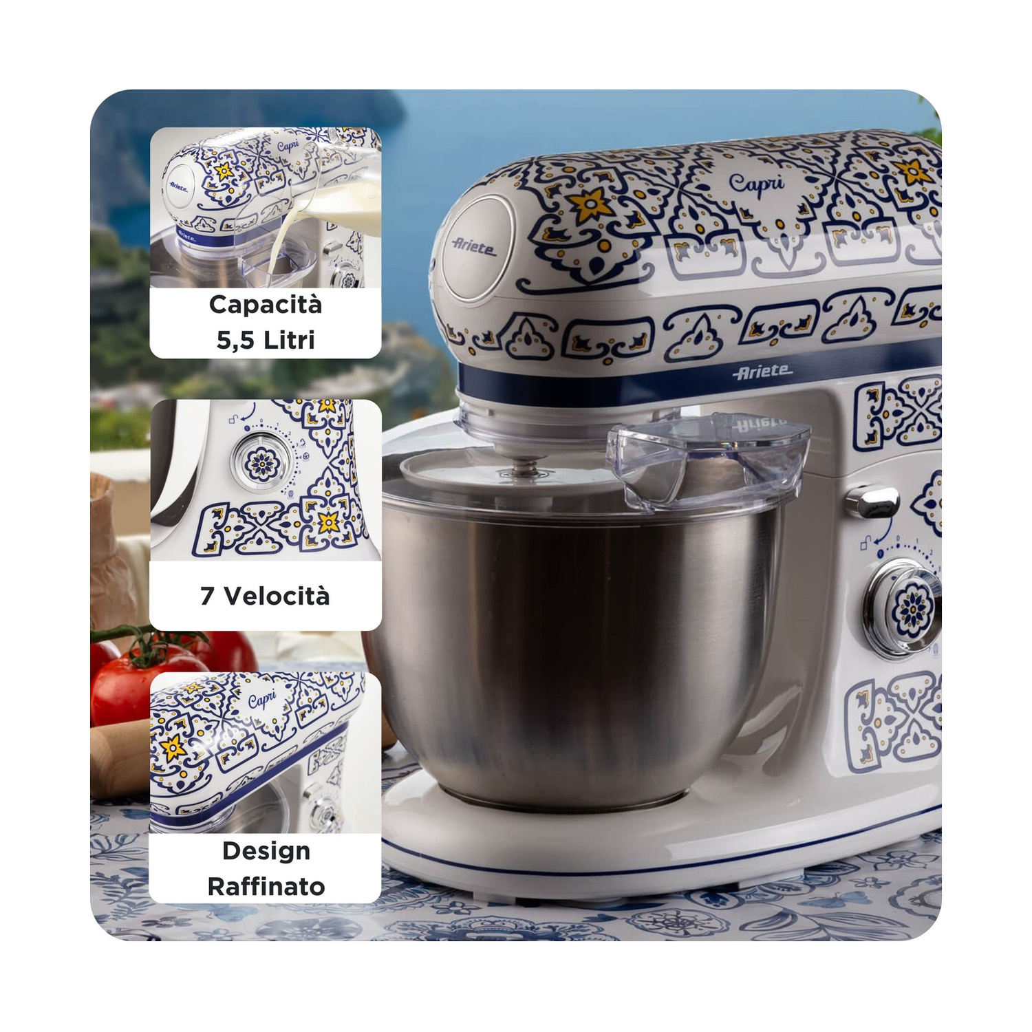 Impastatrice Ariete bianca e blu design Capri con ciotola in acciaio e tre dettagli.
