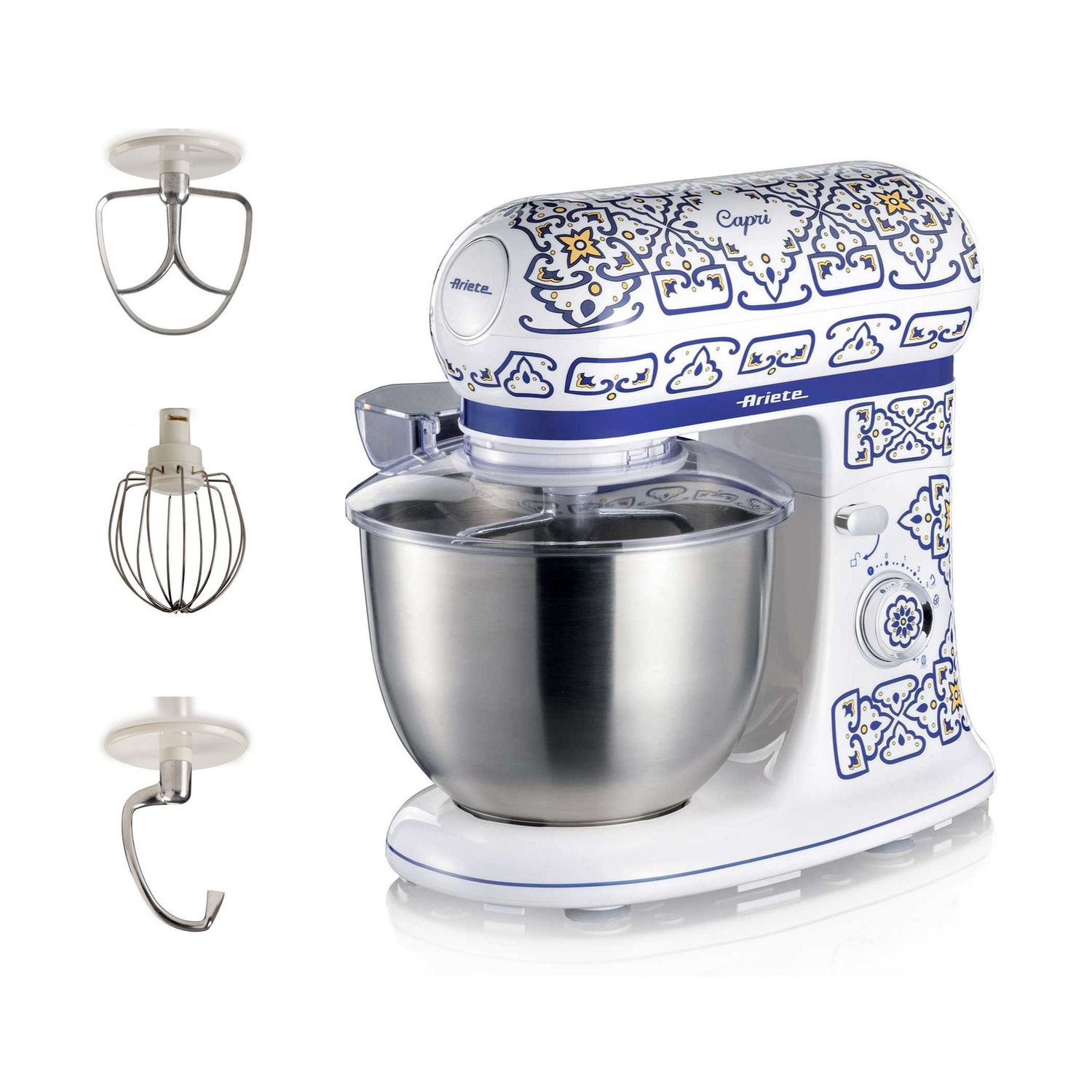 Impastatrice Ariete Capri con motivo bianco e blu, ciotola in metallo e tre accessori a sinistra.