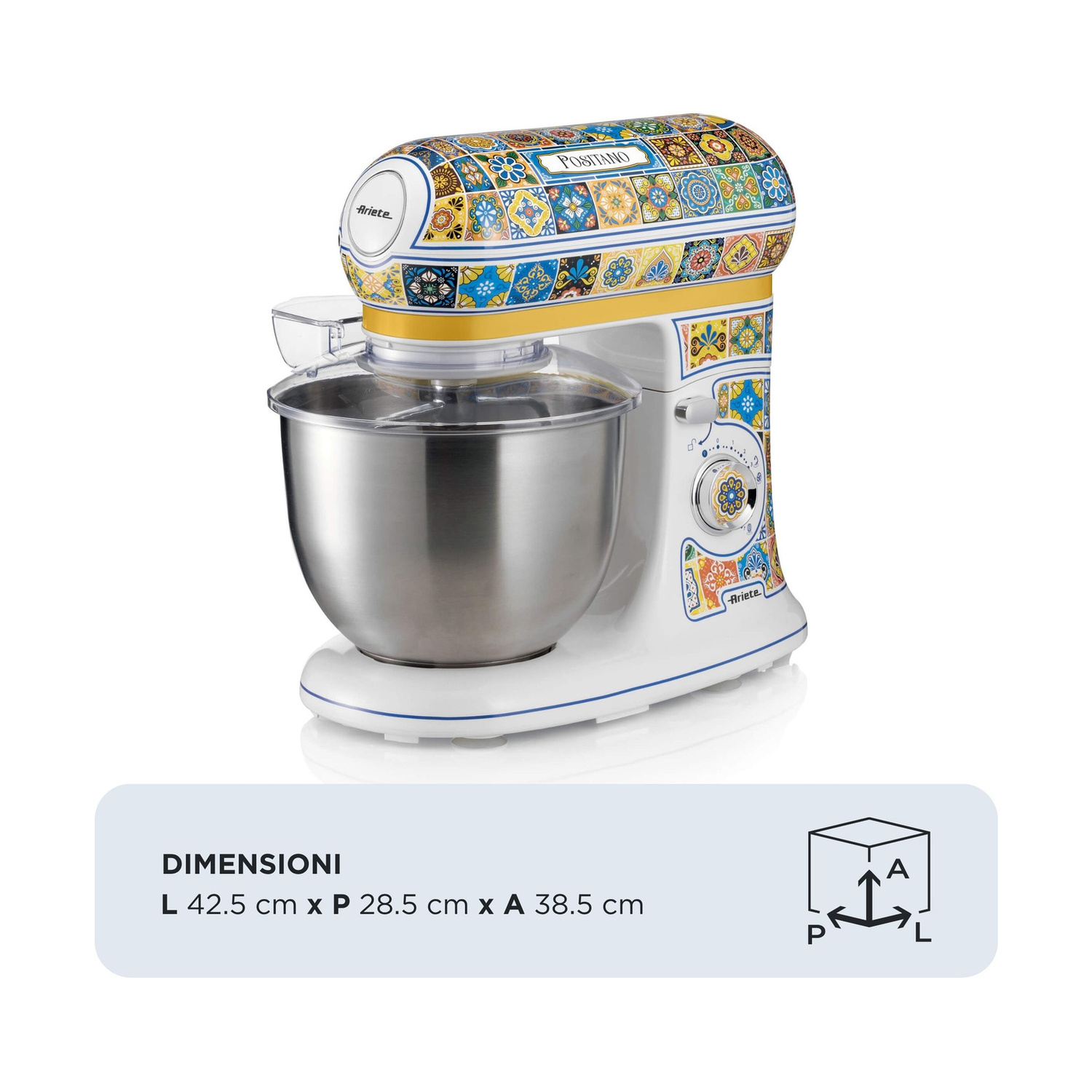 Impastatrice Ariete con motivo colorato e ciotola in acciaio inox su sfondo bianco con dimensioni.