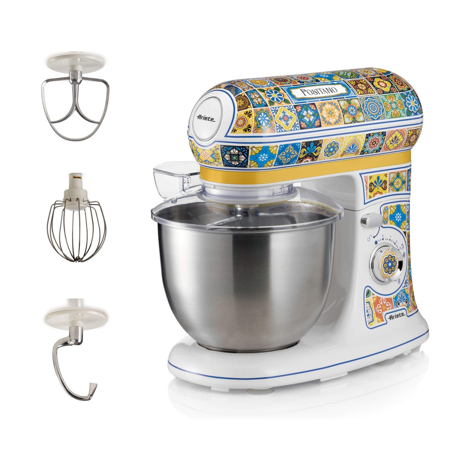 Impastatrice Ariete Positano con motivo colorato, ciotola e tre accessori a sinistra.