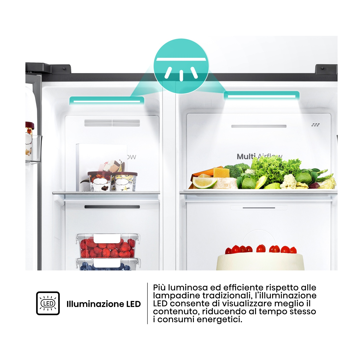 Vista interna di un frigorifero luminoso con illuminazione a LED, pieno di cibo, verdure e contenitori.