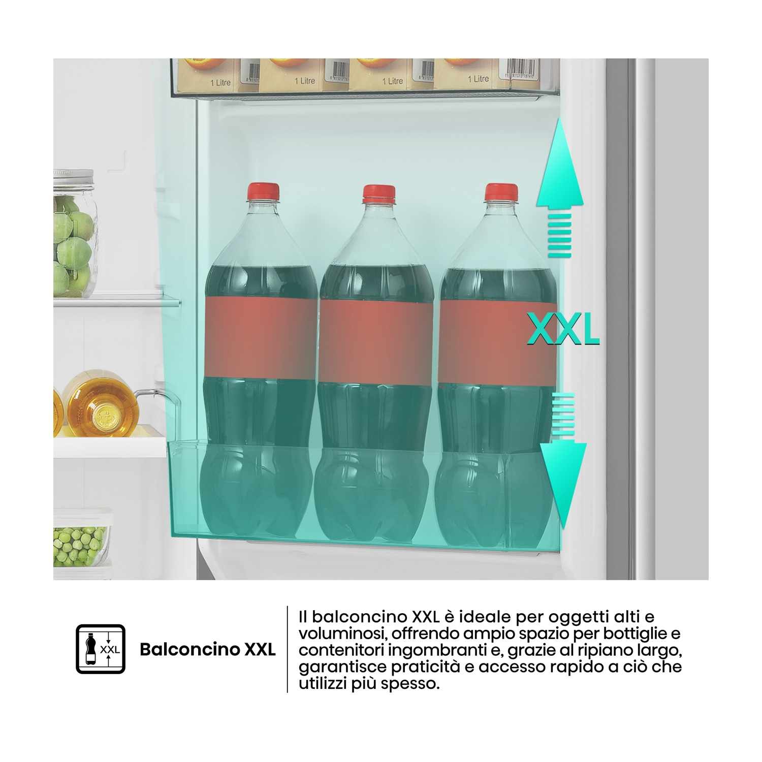 Tre grandi bottiglie in un balconcino XXL con testo esplicativo.