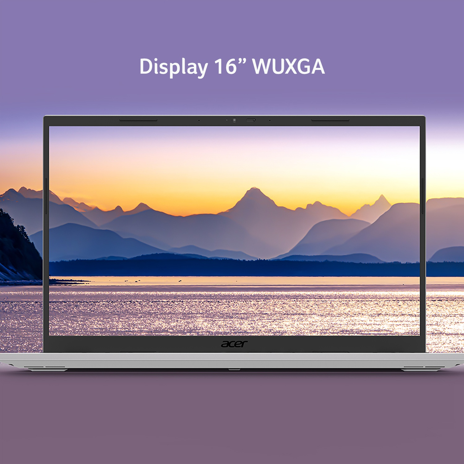 Laptop Acer con schermo WUXGA da 16 pollici che mostra un paesaggio montano e un lago al tramonto.
