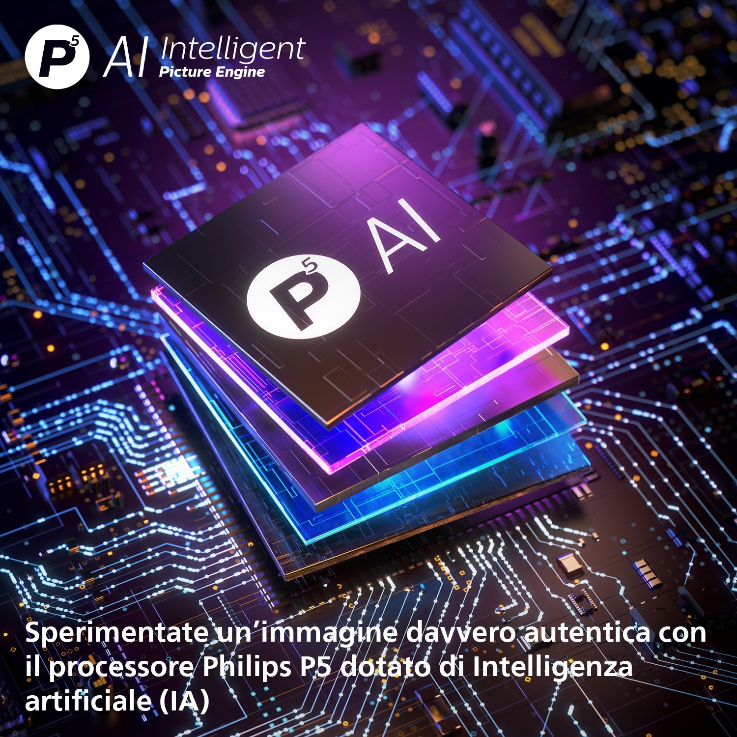 Più strati elettronici al neon luminosi con un logo P5 AI su una scheda madre.