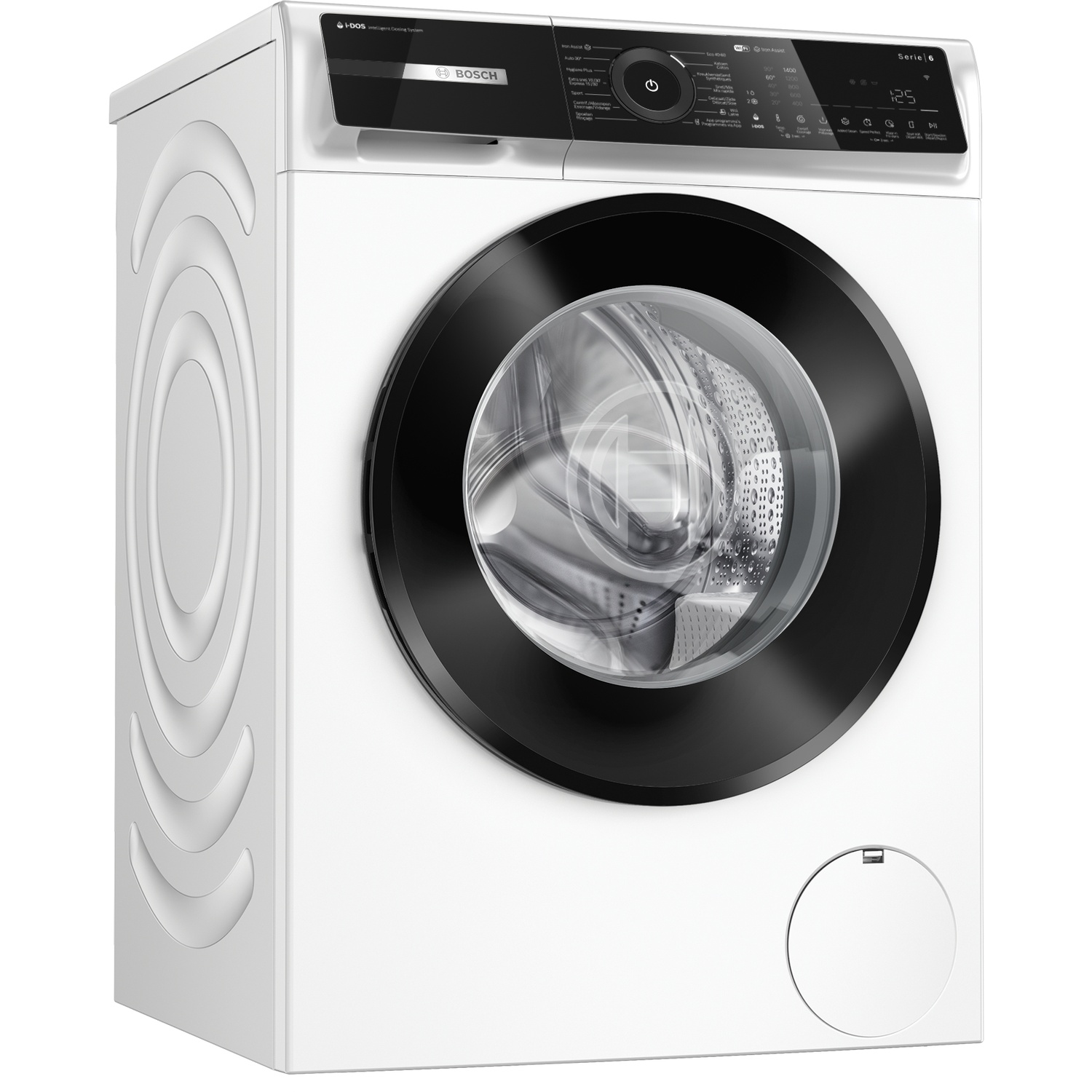 Een witte Bosch wasmachine met zwart bedieningspaneel en glazen deur tegen een witte achtergrond.
