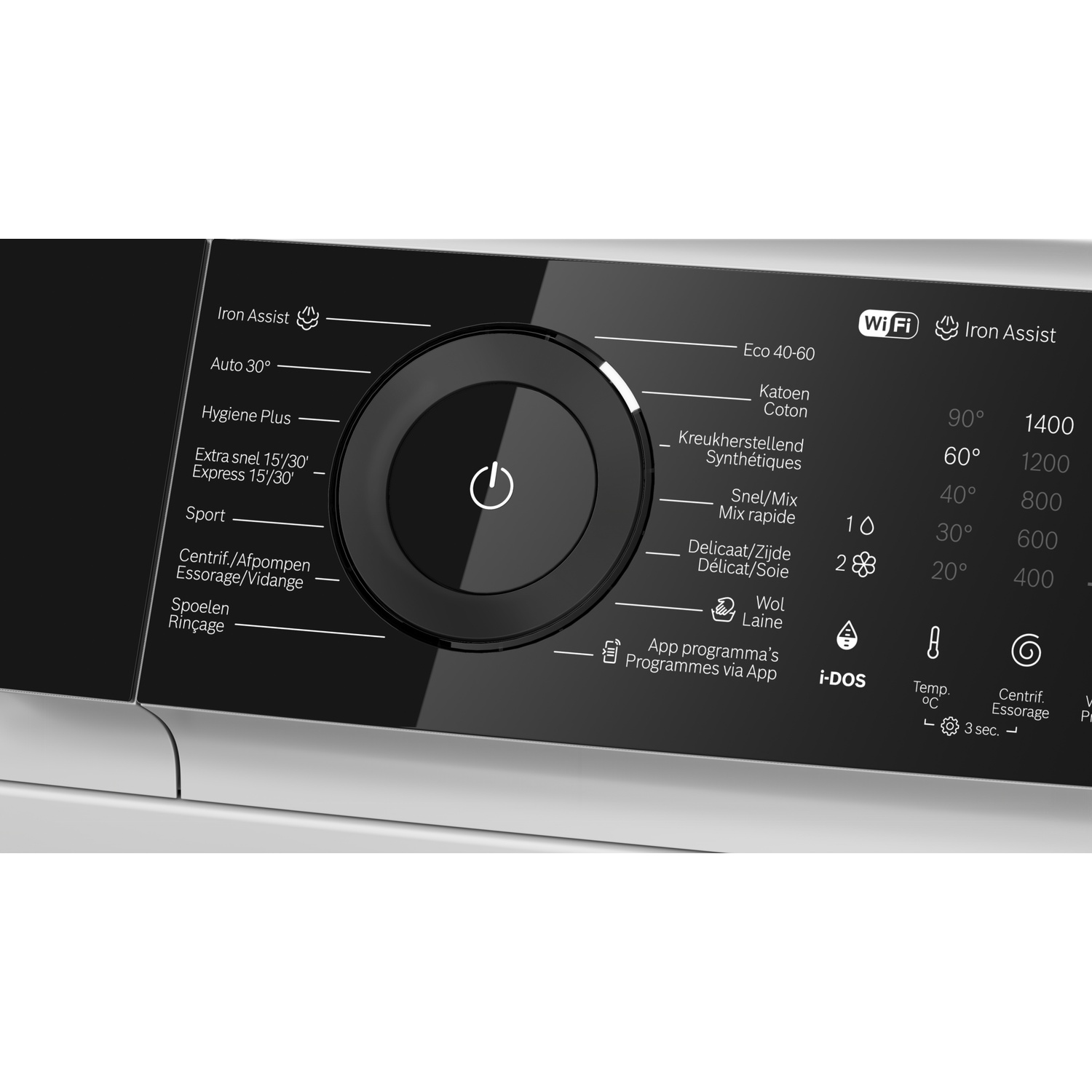 Bedieningspaneel van een wasmachine met centrale aan/uit-knop en programma's.