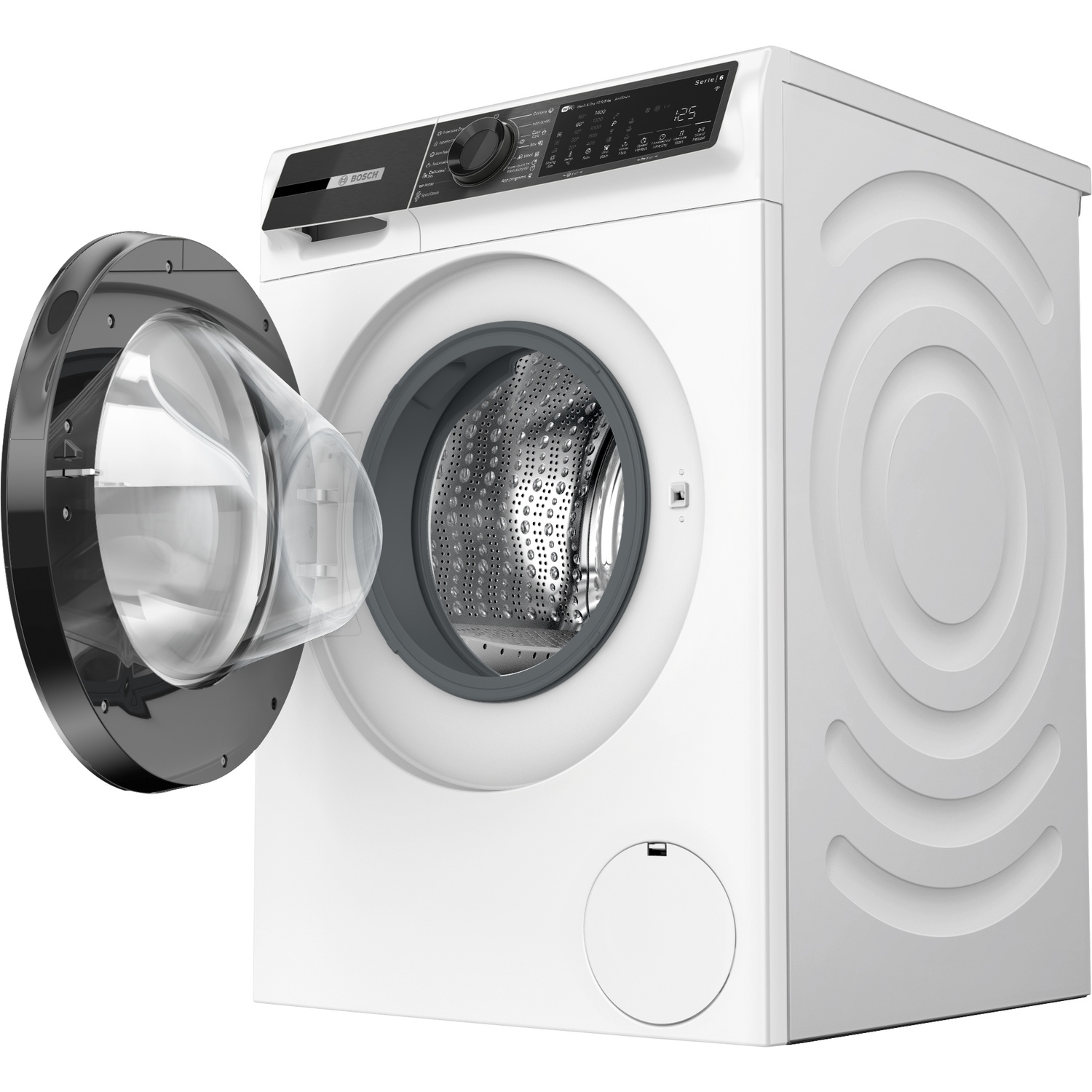 Een witte Bosch wasmachine met een open zwarte glazen deur en zicht op de roestvrijstalen trommel.