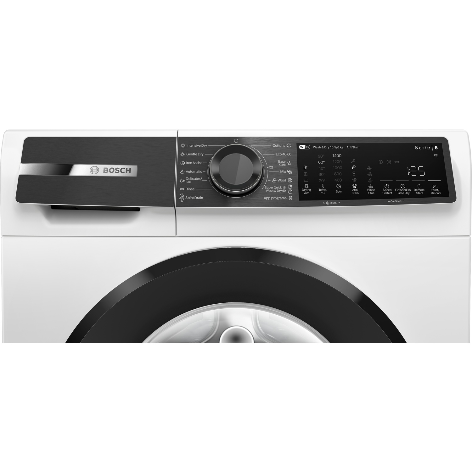 Bedieningspaneel van een witte Bosch Serie 6 wasmachine met draaiknop en digitaal display.